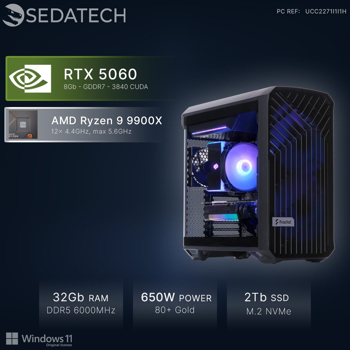 Sedatech UCC2271I1I1HF - Workstation Business-PC (AMD Ryzen 9 9900X 12x 4.4GHz (max 5.6GHz), Geforce RTX5060 8GB, 32 GB RAM, 2000 GB SSD, Wlan 6E)