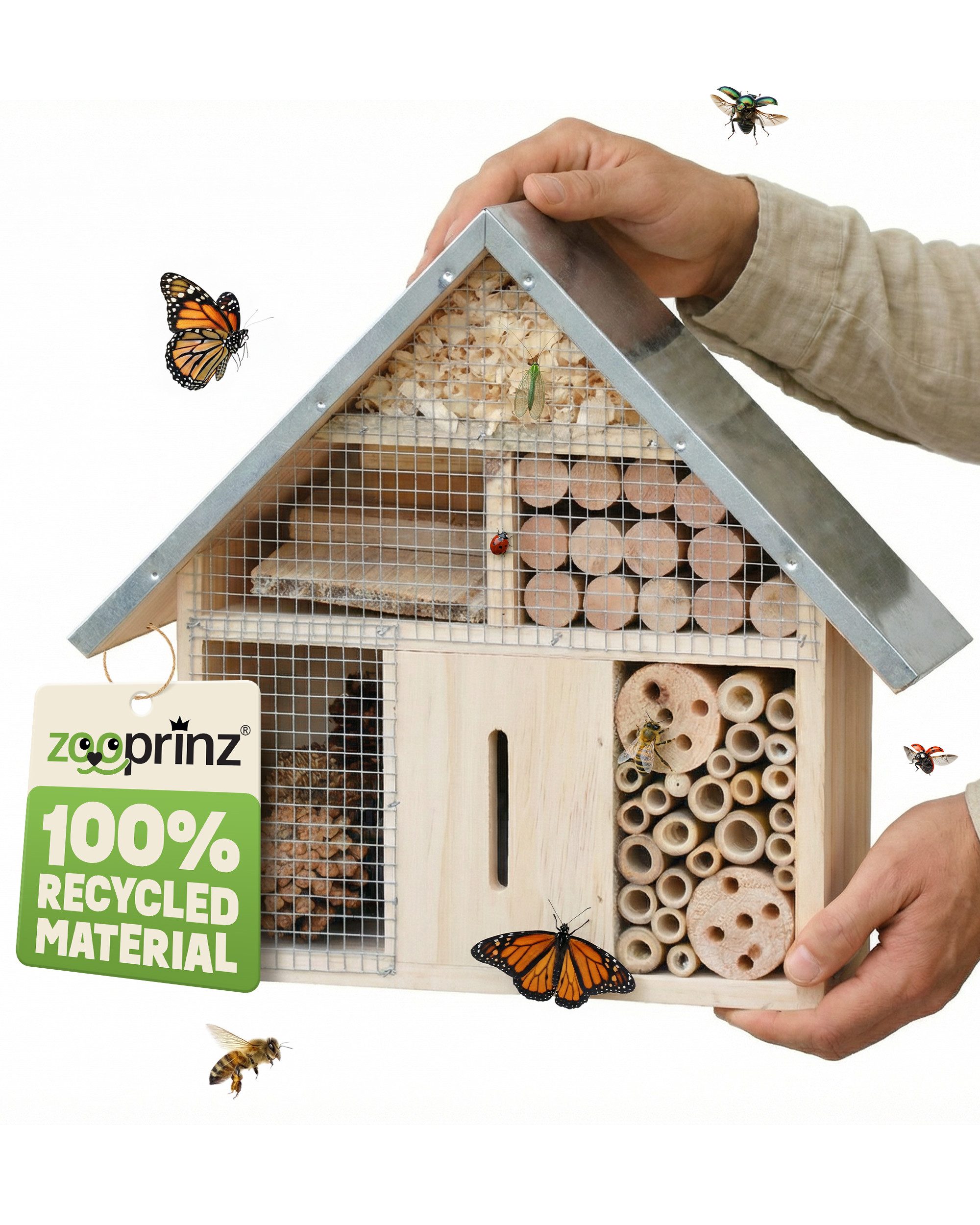 Zooprinz Insektenhotel Insektenhaus mit Aufhängung XXL Vollholz mit Blechdach, Bambus, Tannenzapfen, Holz mit Löchern, Holzspäne, Holzschlitz