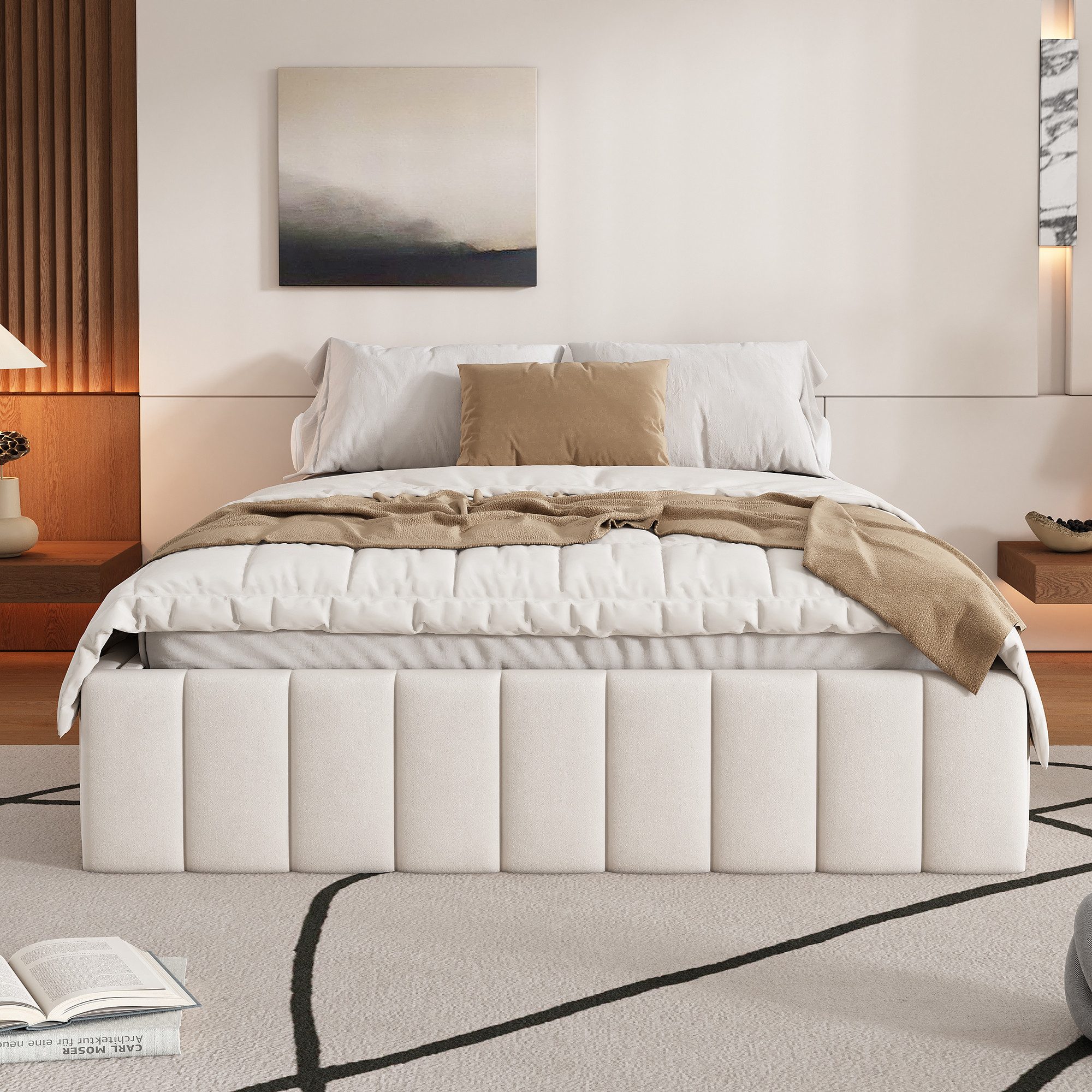 SOFTWEARY Futonbett mit Lattenrost und 4 Schubladen, 140x200 cm, ohne Kopfteil, Bezug aus Samt, gepolstert