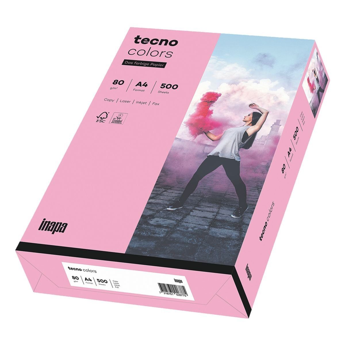 Inapa tecno Drucker- und Kopierpapier Rainbow / tecno Colors, Pastellfarben, Format DIN A4, 80 g/m², 500 Blatt rosa