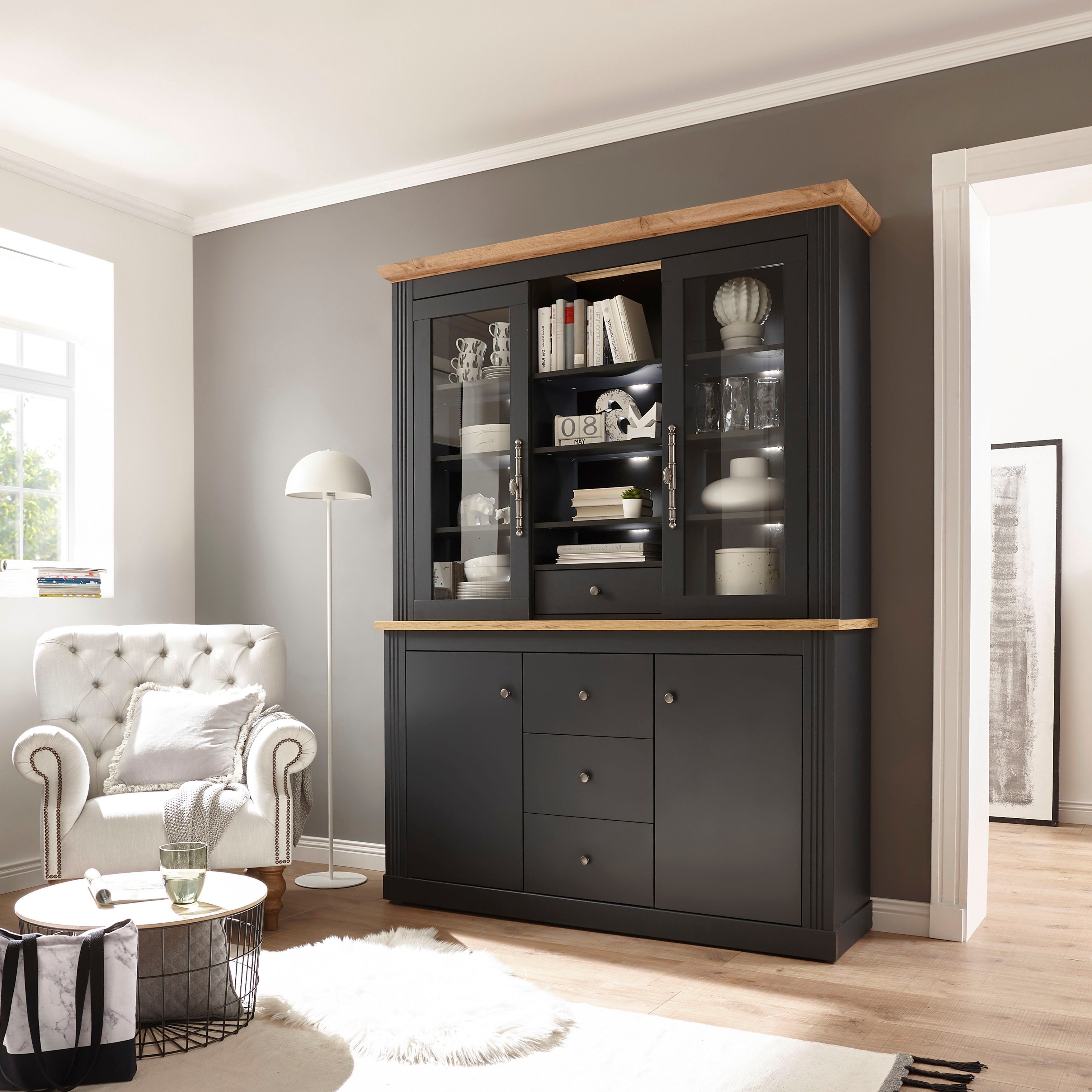 Home WESTMINSTER Landhaus-Look affaire Eiche im angesagten | Applikation Grau Buffet Wotan dunkel Grau dunkel, Dekor