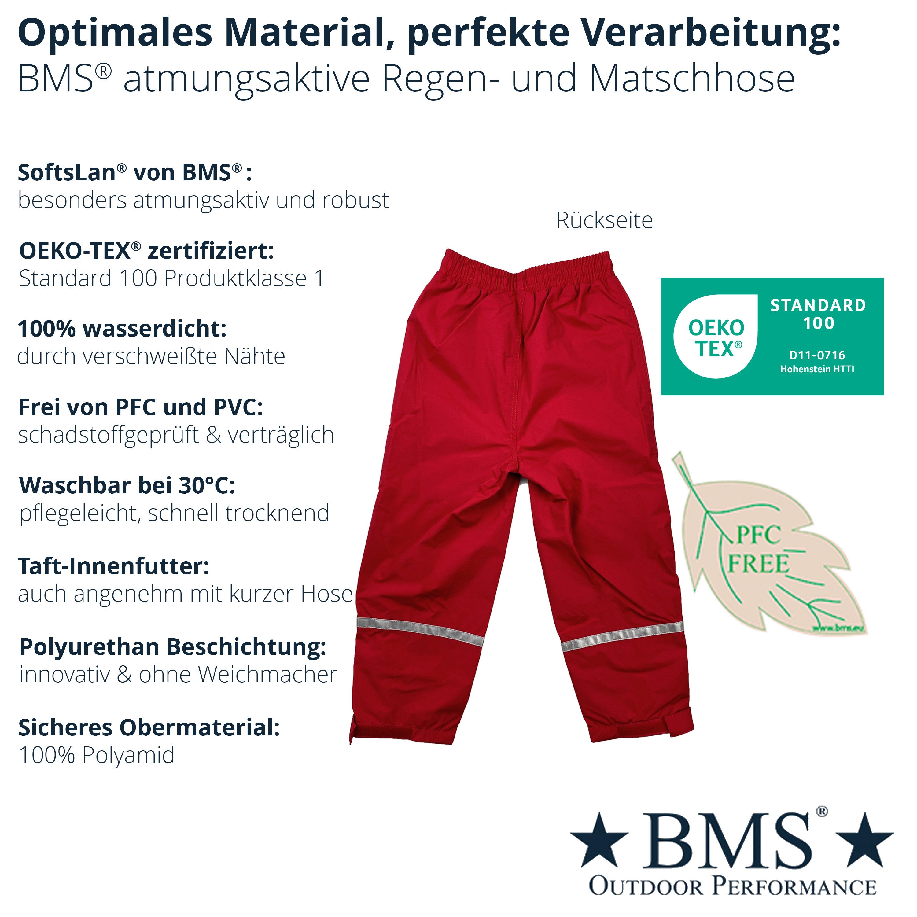 BMS Regen- und Matschhose atmungsaktive Regenbundhose für Kinder - 100% wasserdicht elastikbund mit Tunnelzug