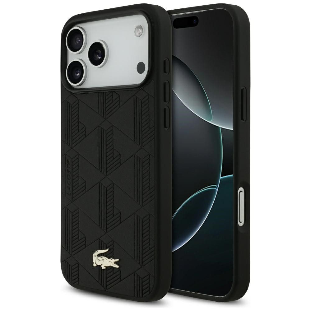 Lacoste Handyhülle iPhone 17 Pro Max Kunstleder schwarz Logo Krokodil goldfarbig. 6,9 Zoll, Kantenschutz