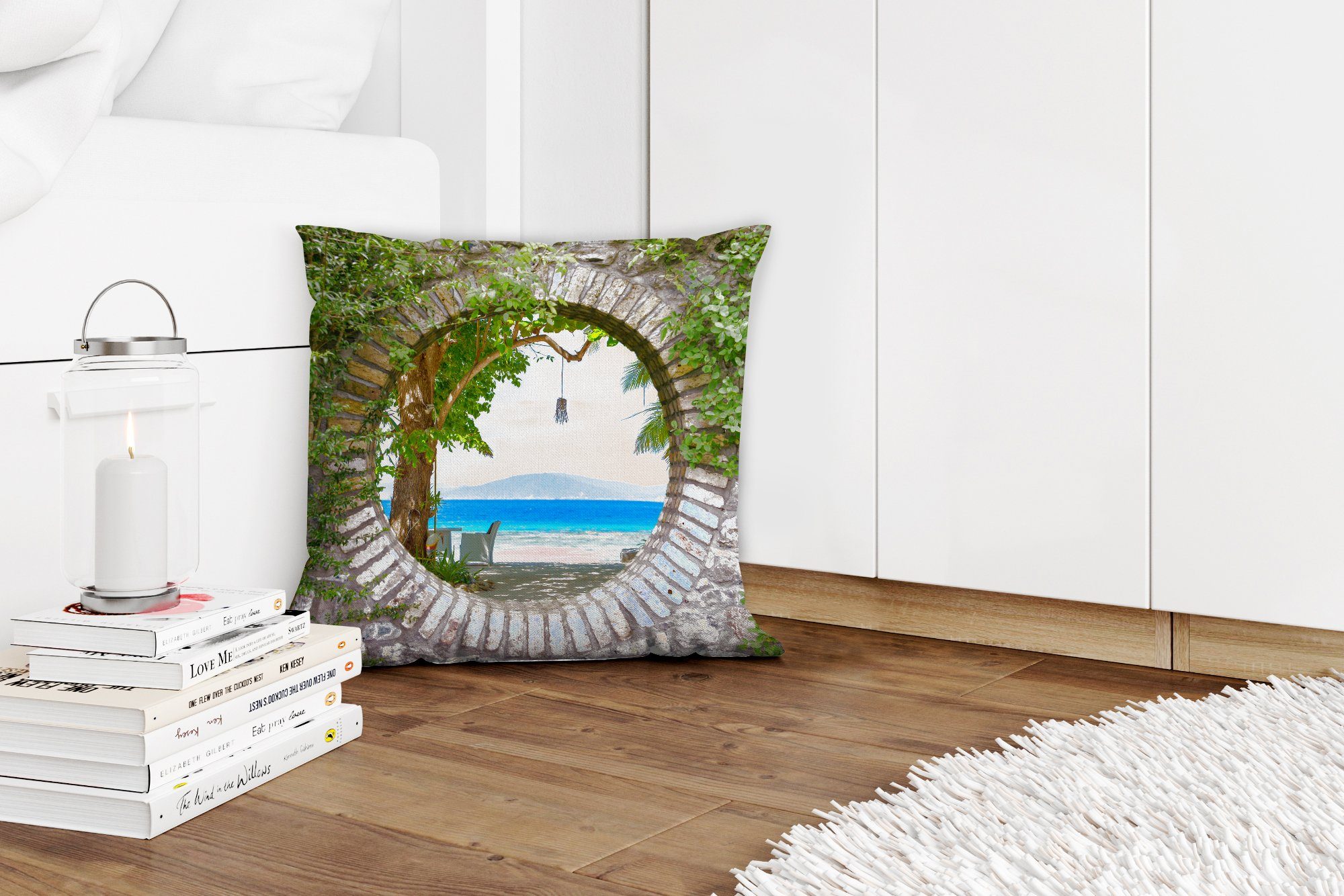 Strandkorb, - Schlafzimmer, mit für Dekokissen Tropisch Strand Füllung - Deko, MuchoWow Durchsichtig - Zierkissen Sofakissen Wohzimmer,