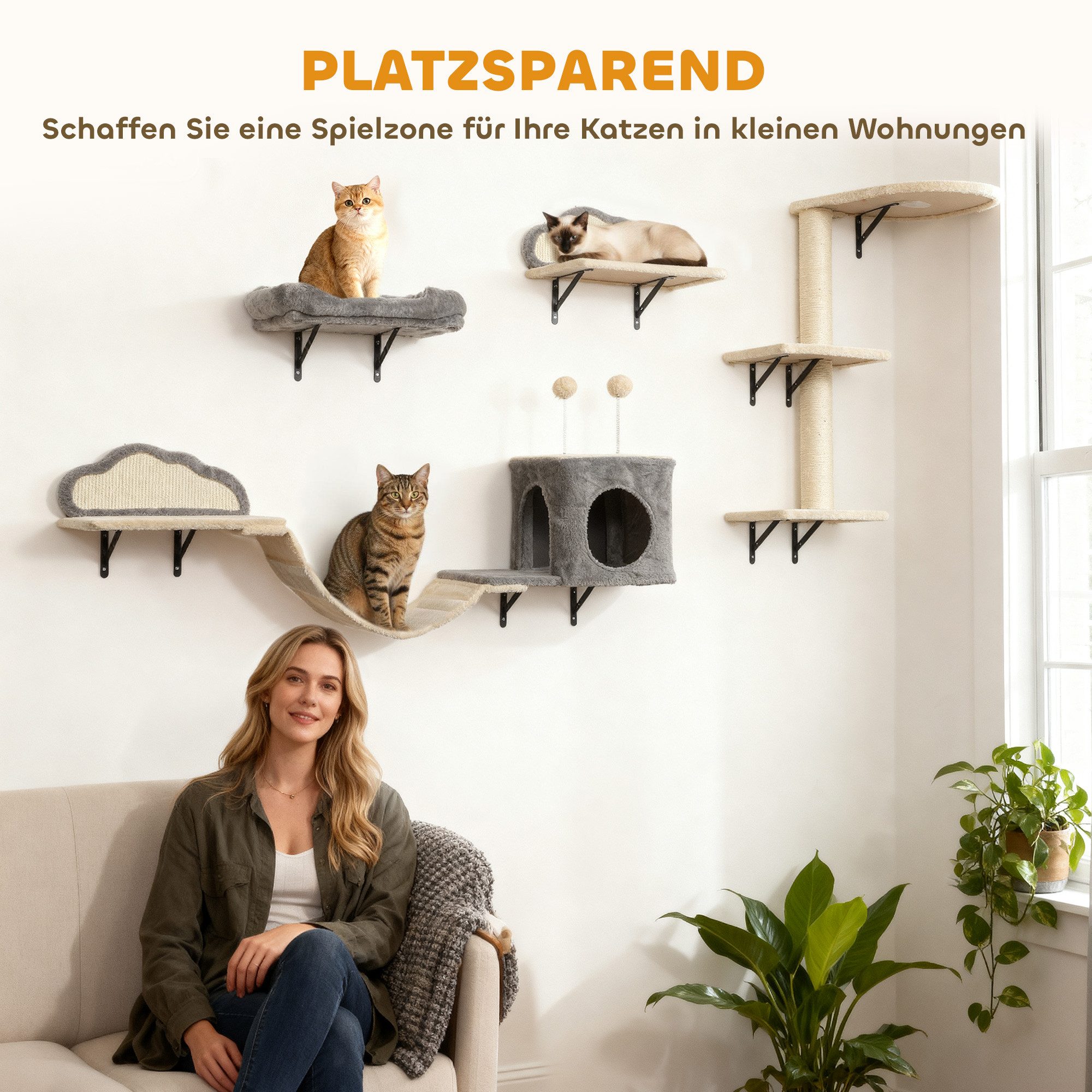 PawHut Katzen-Kletterwand Kratzbrett, Bett, Kratzbaum mit Höhle, Katzenmöbel bis zu 5 kg, für 1-3 Katzen, Beige – Bild 5 von 5