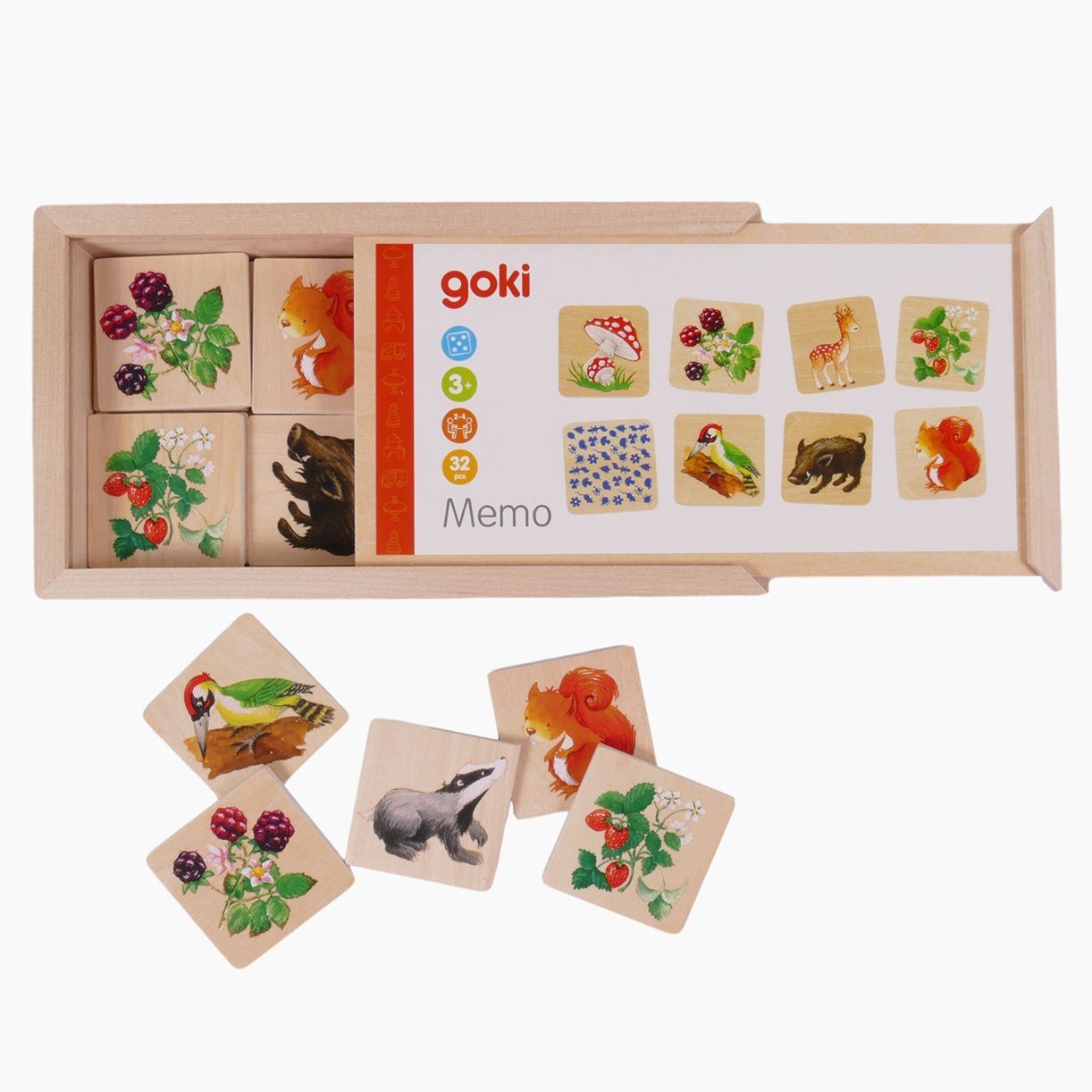 goki Lernspielzeug Memo Waldleben (32-St), Massivholz Plättchen