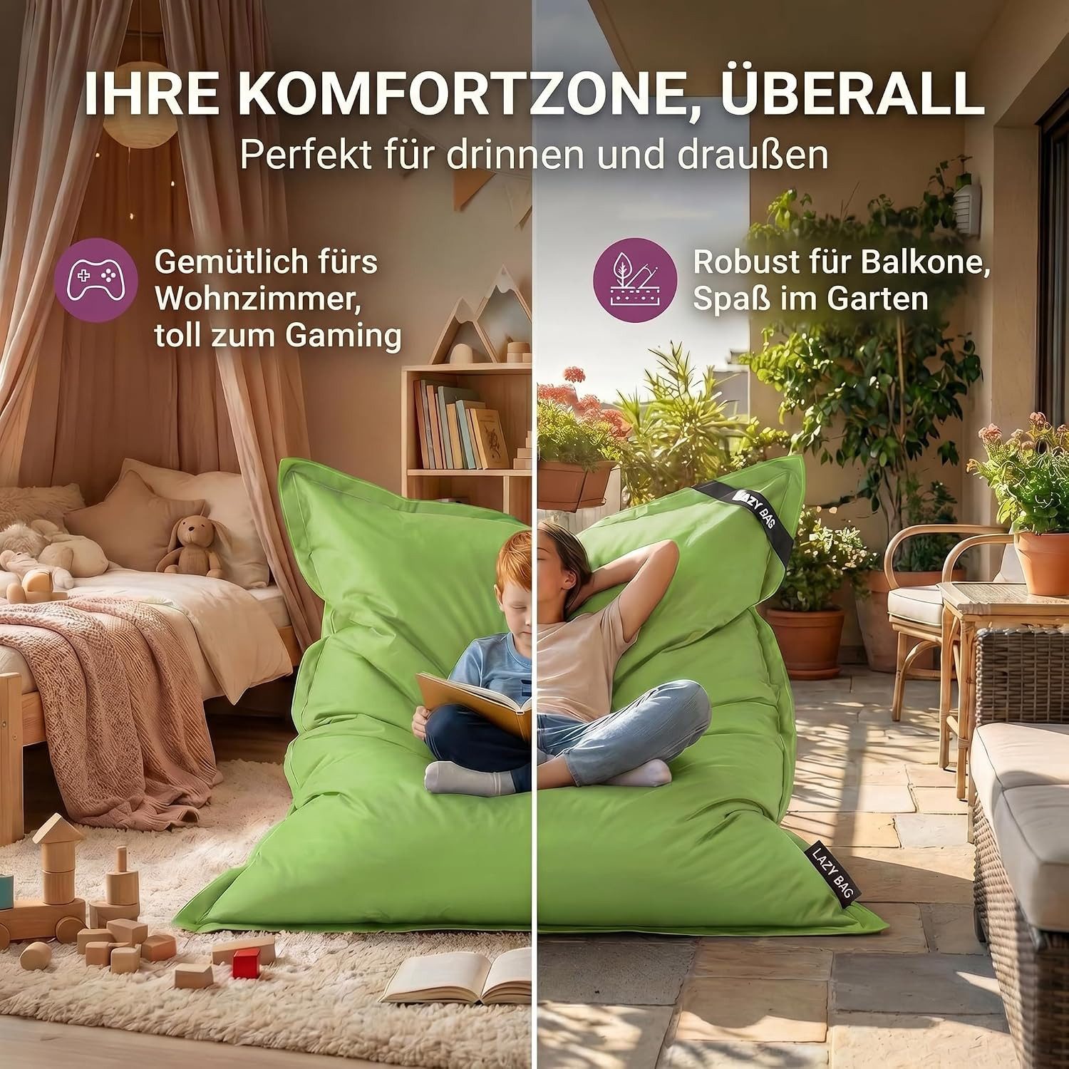 LazyBag Sitzsack Sitzsack XL 250 Liter Indoor Outdoor – Wasserfester Riesensitzsack (XL 250 Liter, Riesensitzsack), Junior-Sitzkissen Sessel