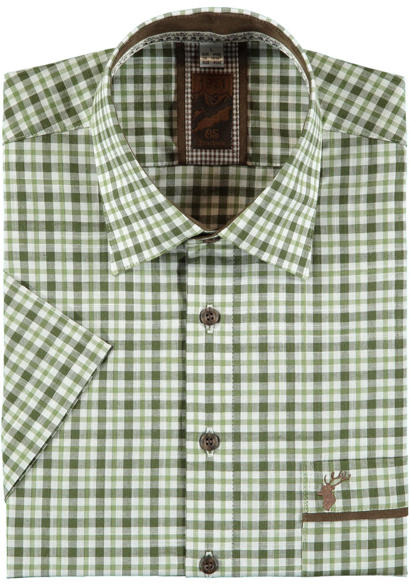Kurzarmhemd mit dunkelgrün Myluc Brusttasche der OS-Trachten Herren an Hirsch-Stickerei Trachtenhemd