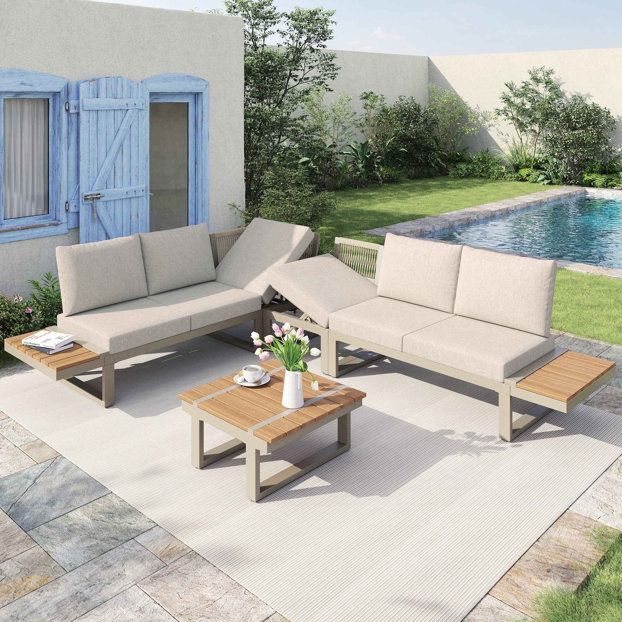 Flieks Gartenlounge-Set, 6-Sitzer Gartenmöbel mit 5-stufig-verstellbarer Neigungsfunktion