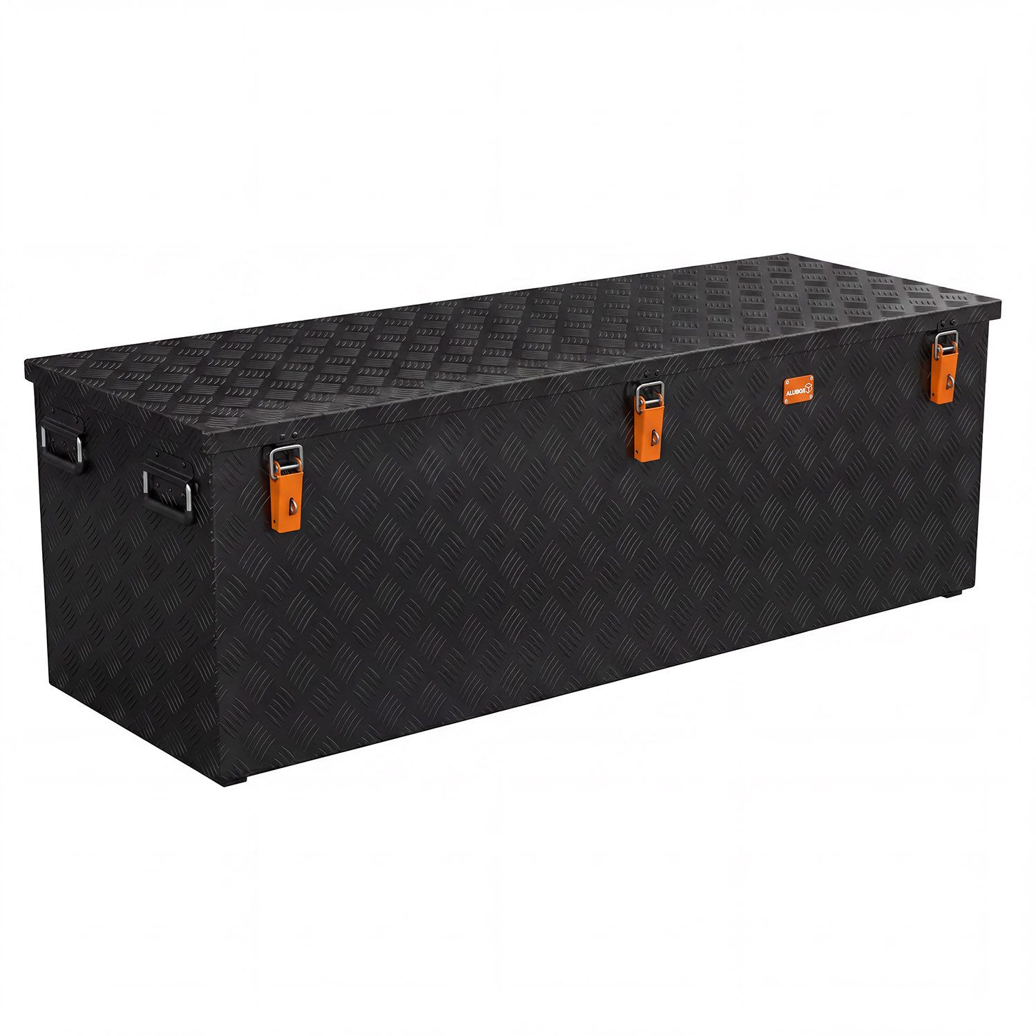 ALUBOX Aufbewahrungsbox Riffelblech Gartenbox outdoor Alukiste schwarz (375 Liter), Fangbänder im Deckel - 4 Standfüße mit M10 Innenwinde - abschließbar