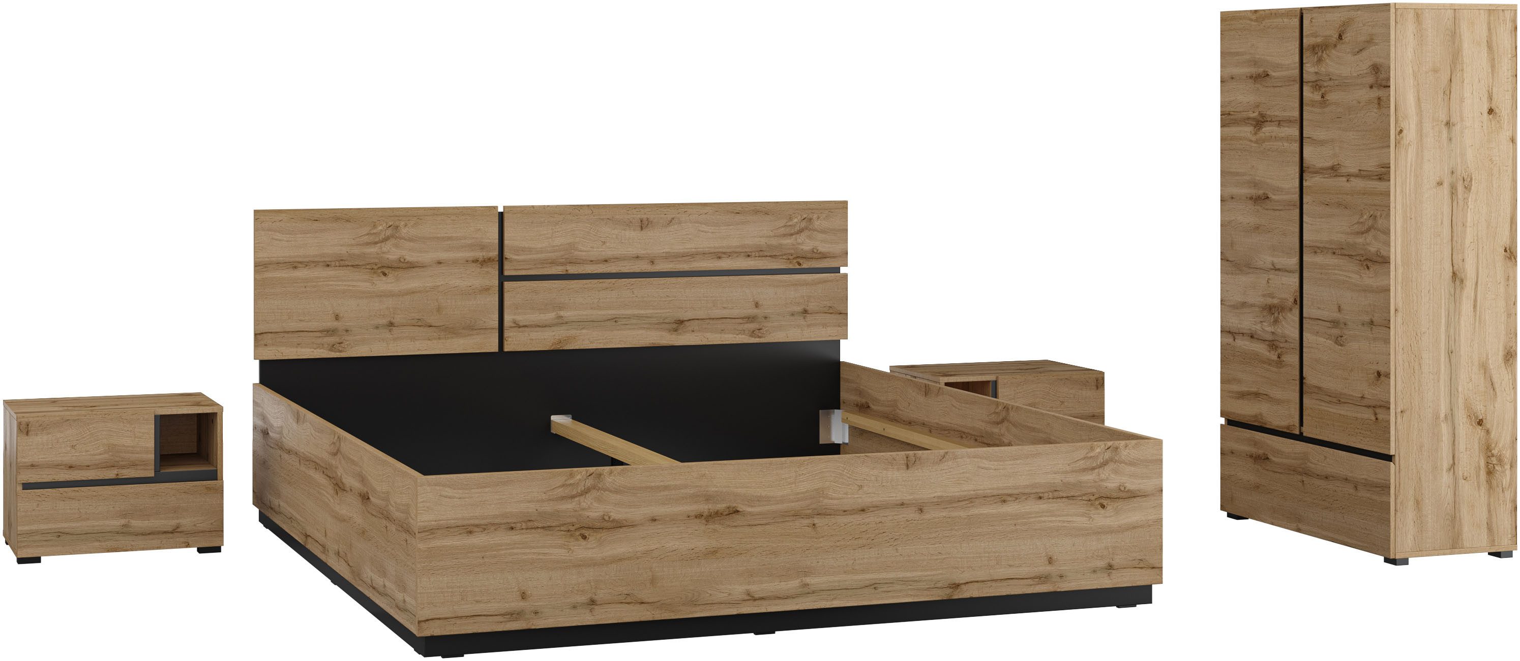 OTTO home Schlafzimmer-Set Cross, moderne, grifflose Optik, FSC-zertifiziert, (4-tlg., Bett 180x200cm, 2 Nachtkommoden, Schrank 2-oder 4-türig), Komplettschlafzimmer-Set