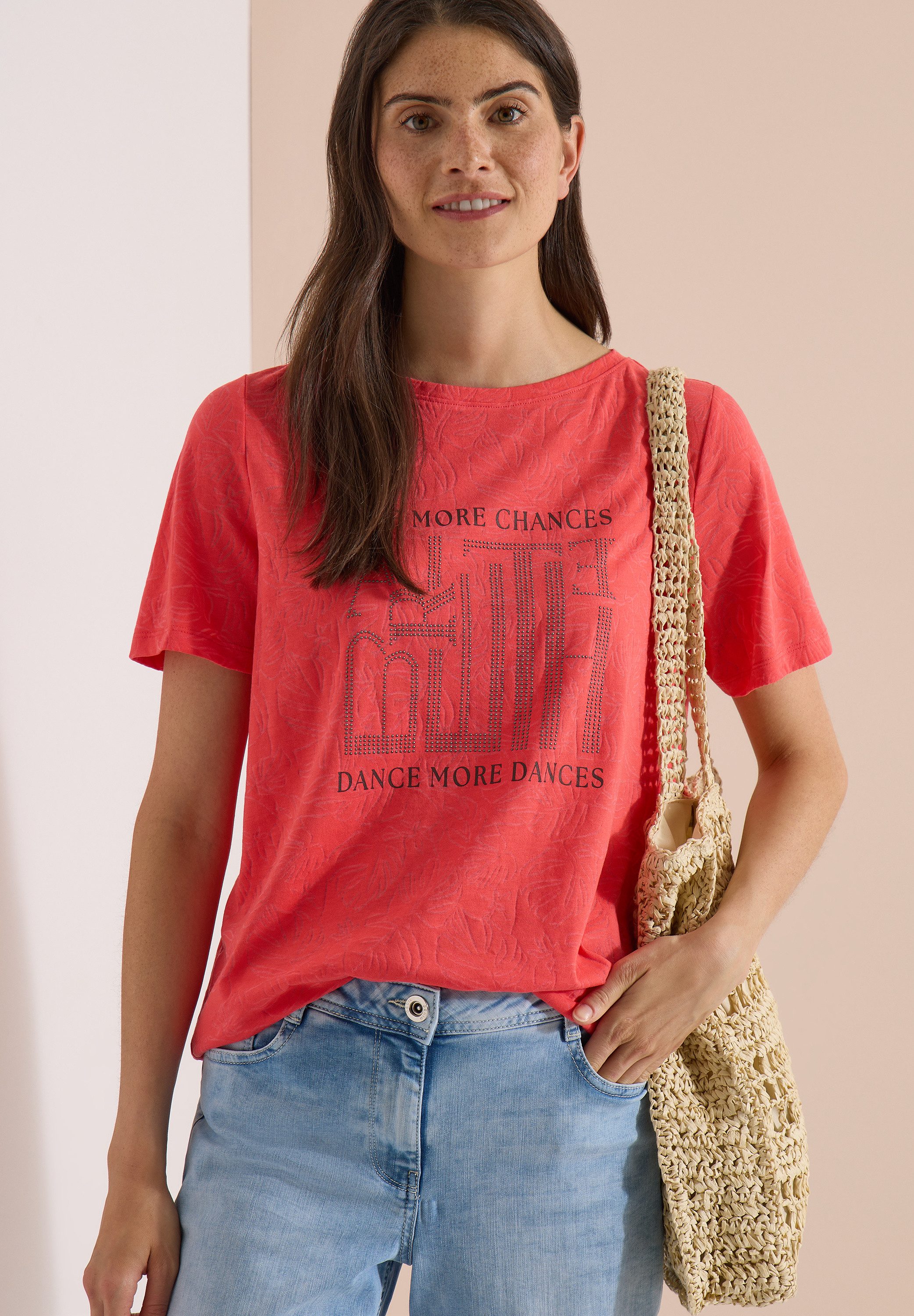 CECIL Print-Shirt Sommershirt, Elastikbund, Ausbrenner-Optik