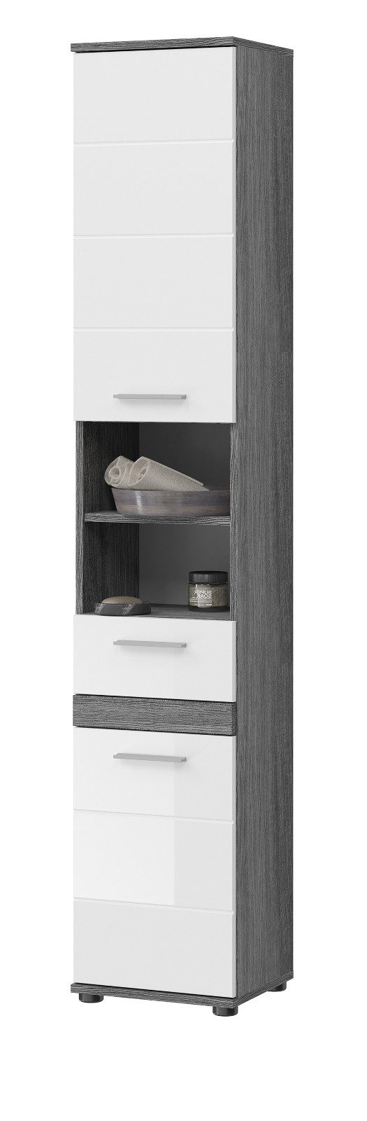 Inn.Furn Hochschrank Bailey (Badschrank weiß Hochglanz und grau Rauchsilber, 2-türig, 35 x 191 cm) viel Stauraum