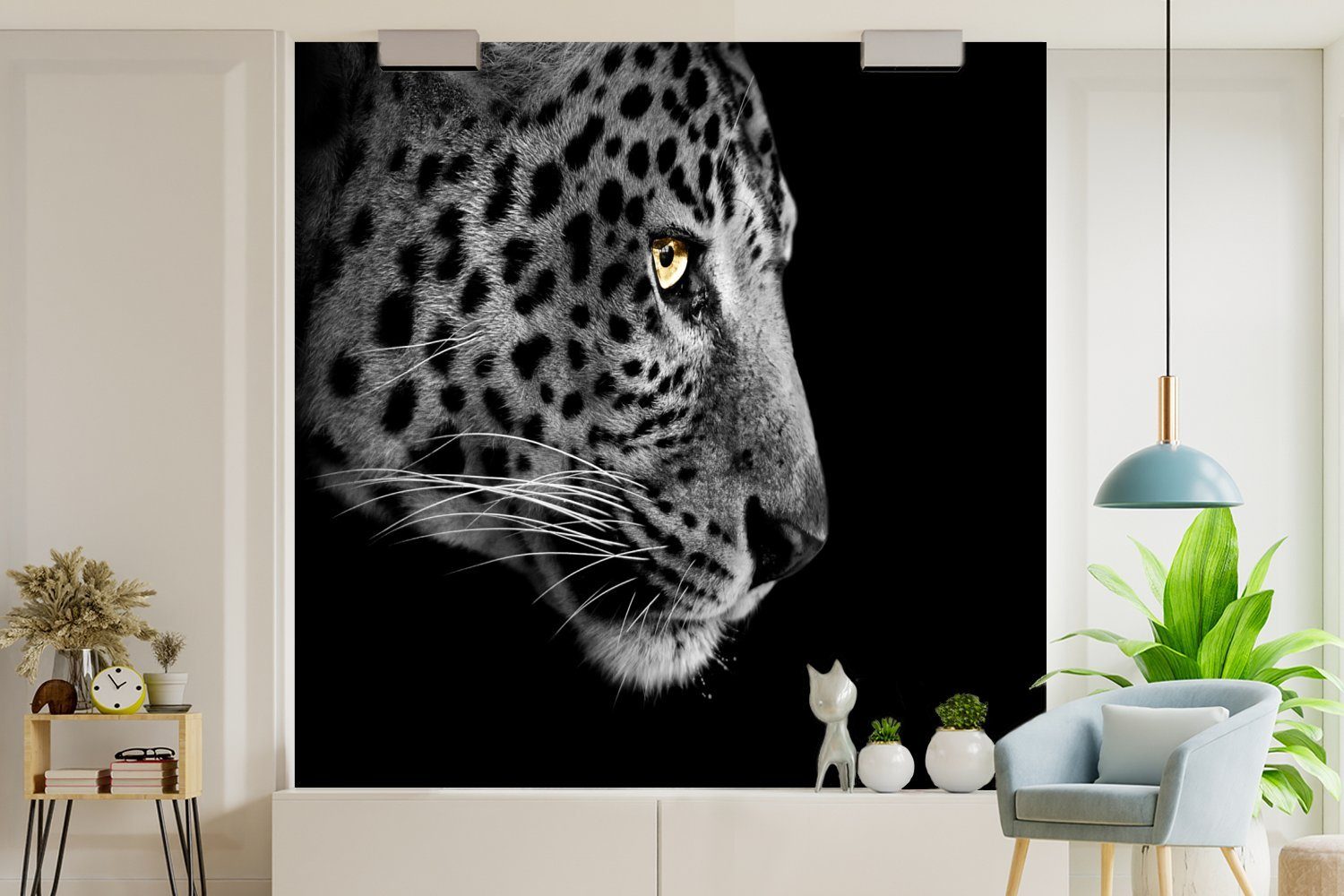 Tapete Weiß, Leopard - bedruckt, Fototapete Wandtapete Matt, Schlafzimmer, für MuchoWow St), Vinyl (5 oder Schwarz Wohnzimmer -
