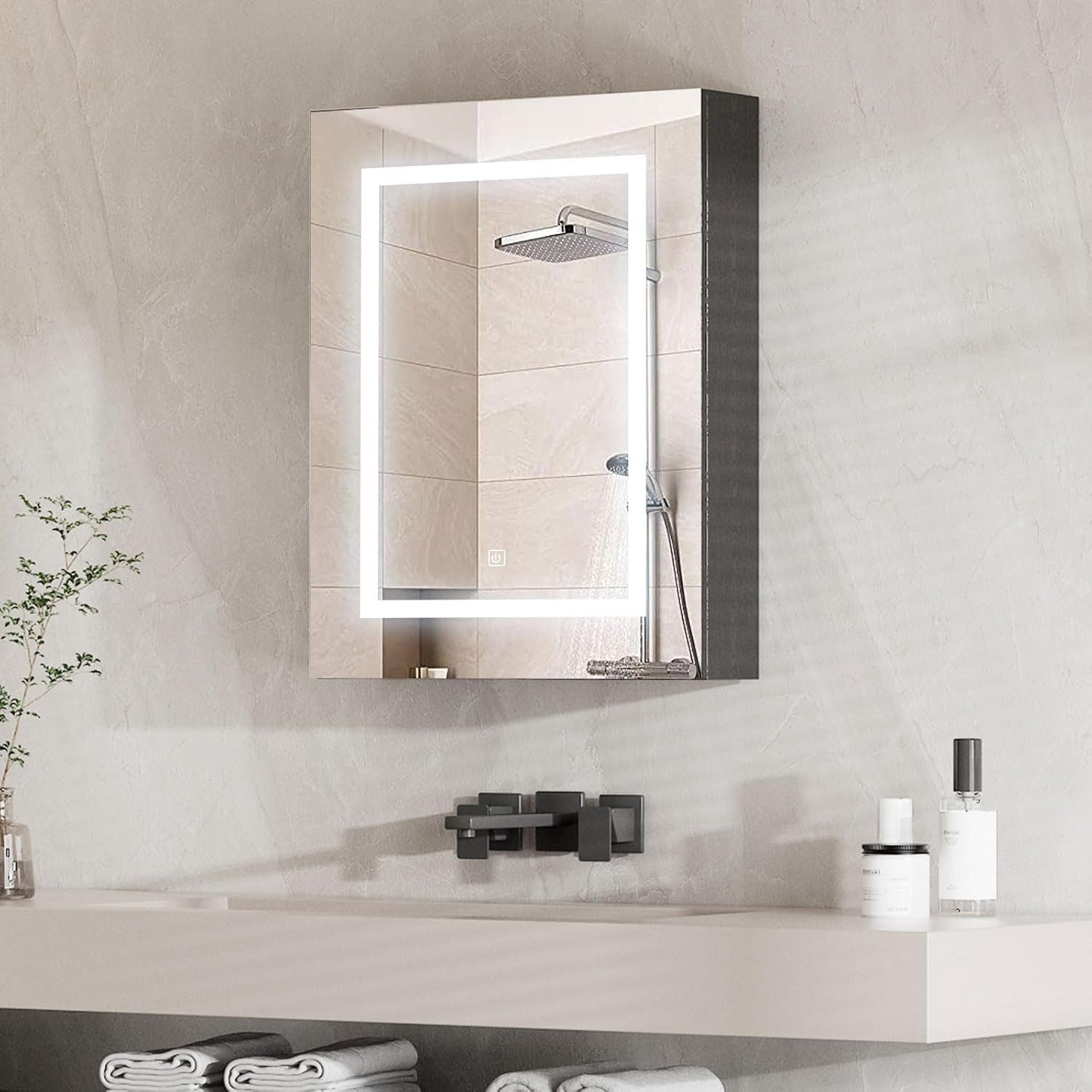 radelldar Spiegelschrank LED Badspiegelschrank mit Stauraum, Hängender Medizinschrank (1-St) mit 3 Lichtfarben & Speicherfunktion, 60 x 76 cm