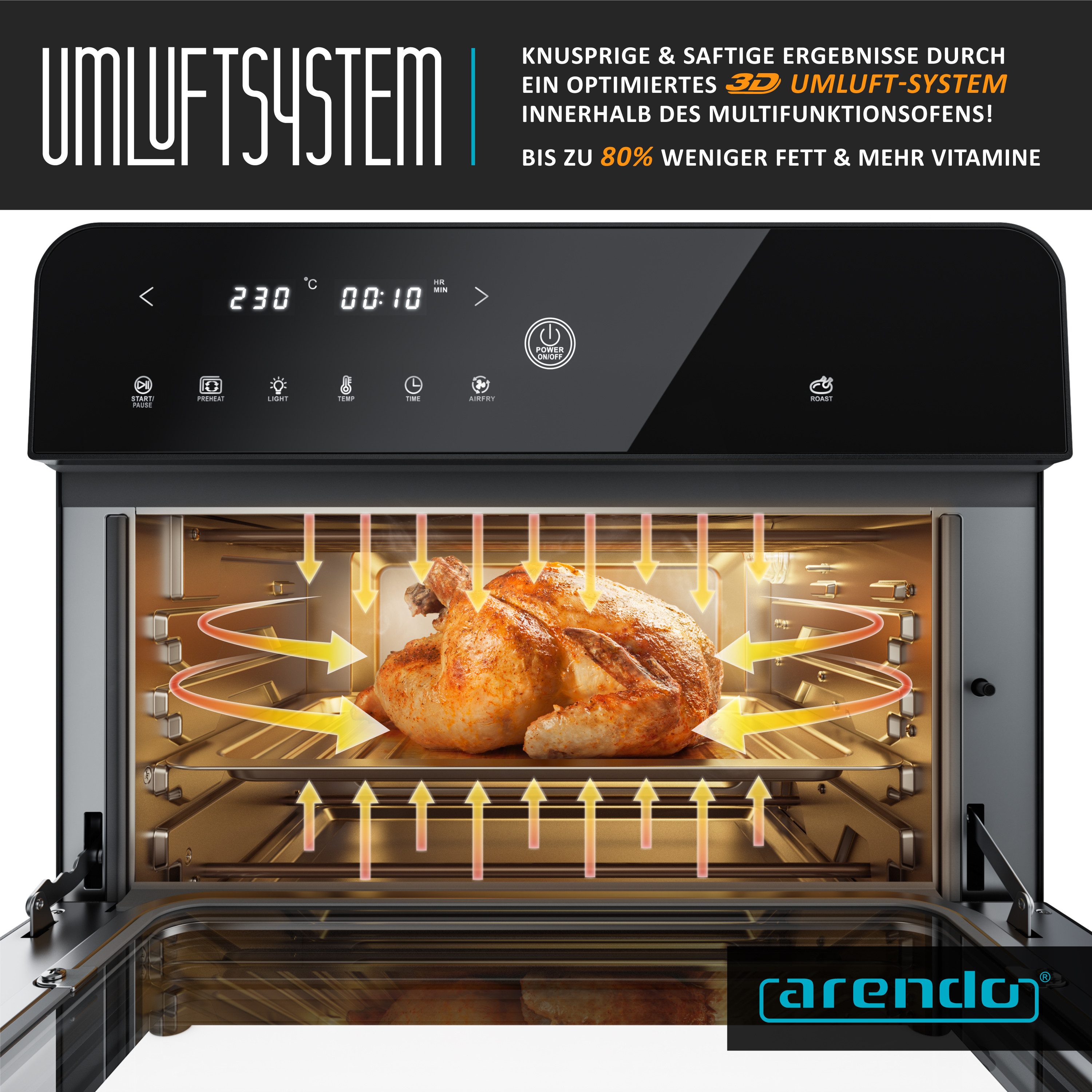 Arendo Minibackofen Airfryer 25L Edelstahl Multifunktionsofen, XXL Heißluftfritteuse 1800W, mini Backofen mit Zubehör, Backblech, Dörrblech, Ofenrost Frittierko – Bild 5 von 5