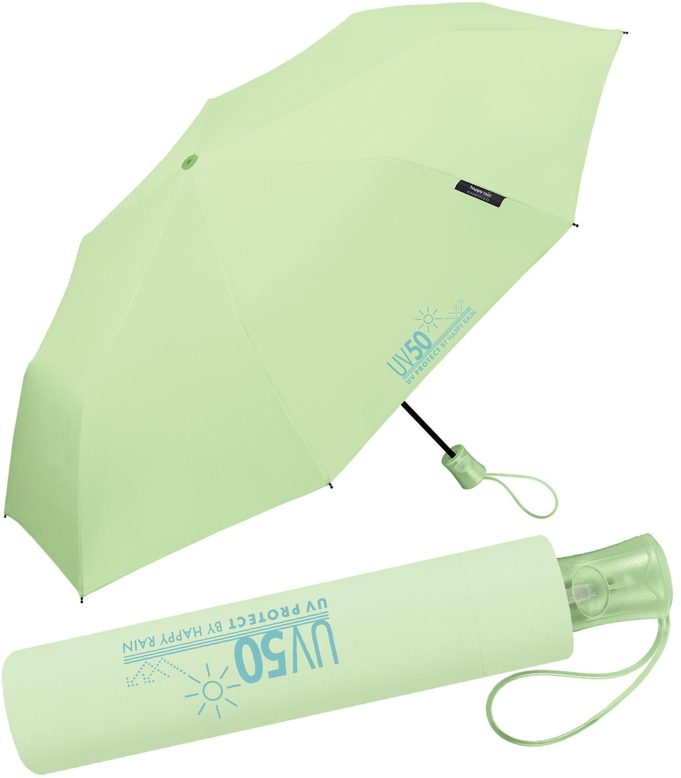 HAPPY RAIN Taschenregenschirm Auf-Automatik grün vor und mit Sonne Sonnenschutz, UV50 UV-Protect schützt Regen und