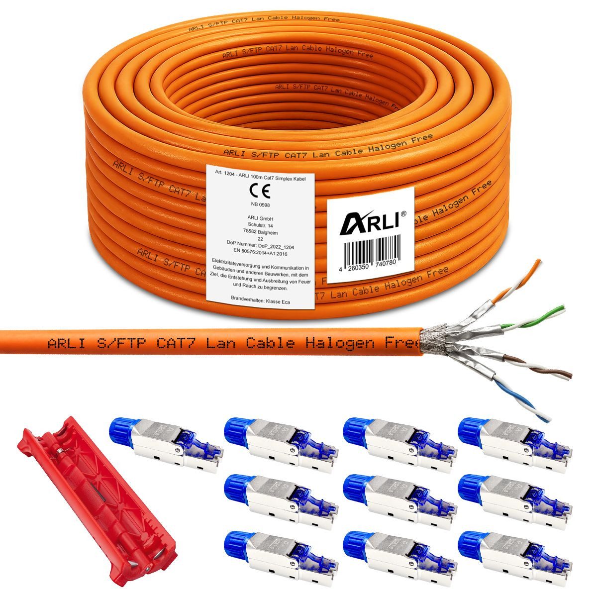 ARLI Installationskabel, RJ45, RJ-45 (Ethernet) (10000 cm), Verlegekabel Cat7 100m Kabel + 10x RJ45 Netzwerkstecker CAT8.1