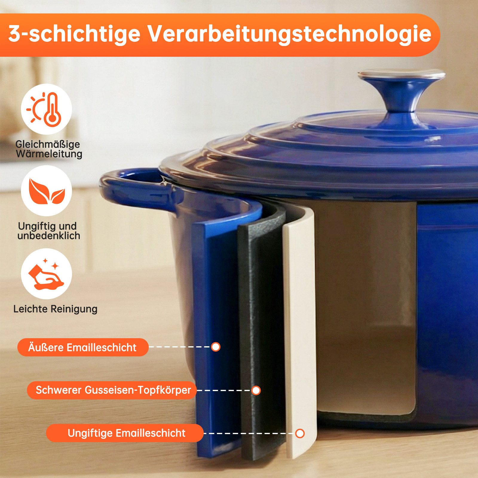 TLGREEN Topf-Set 4‑teiliges emailliertes Gusseisen Topf‑Set, (Ofenfest Kochgeschirr‑Set mit Emaille‑Beschichtung, Induktionsgeeignete Schmortöpfe für Gas‑,Elekt – Bild 3 von 5
