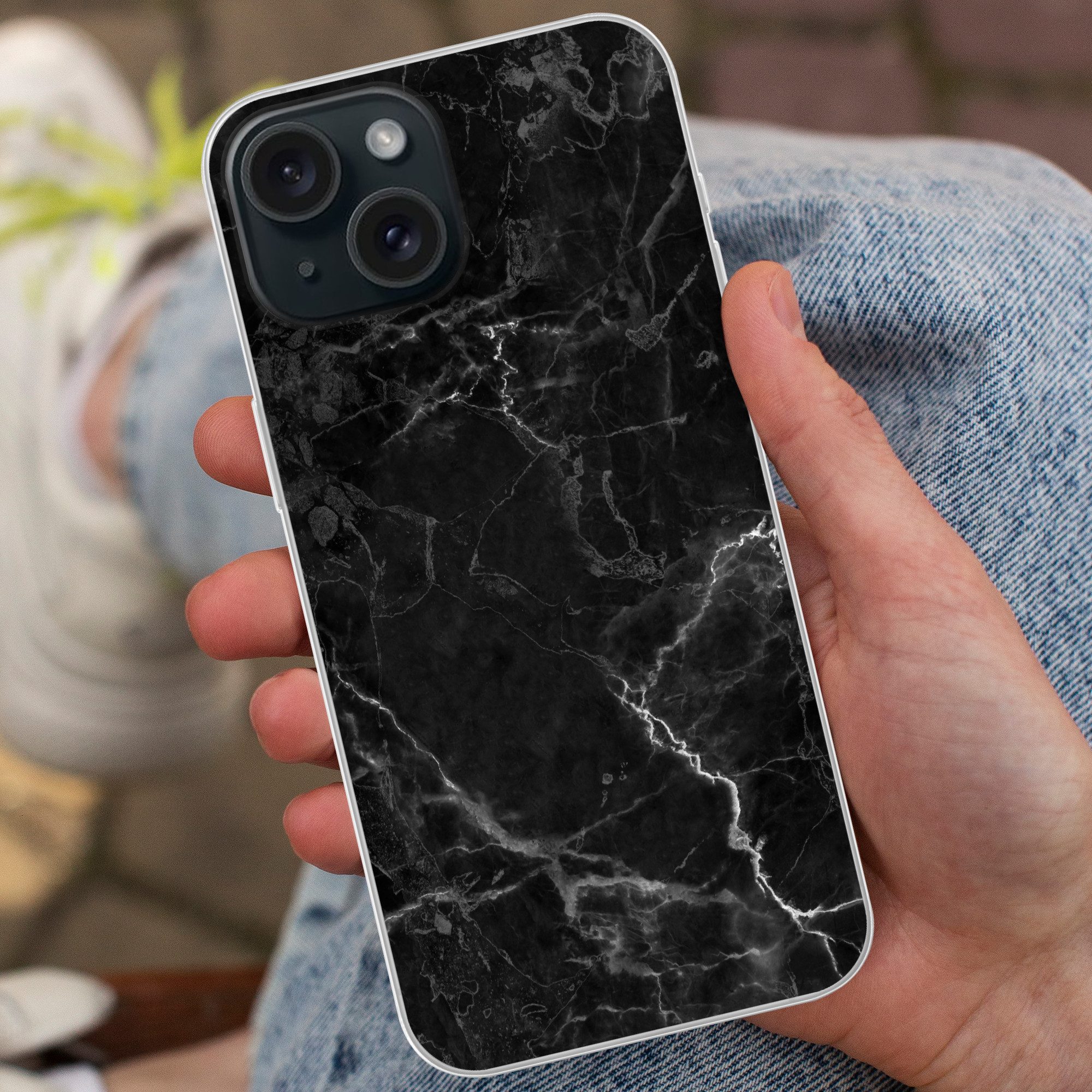 MuchoWow Handyhülle für Apple iPhone 15 Marmor - Schwarz - Weiß - Textur - Marmoroptik, Smartphone-Bumper, Print, Handy Schutzhülle Dünn