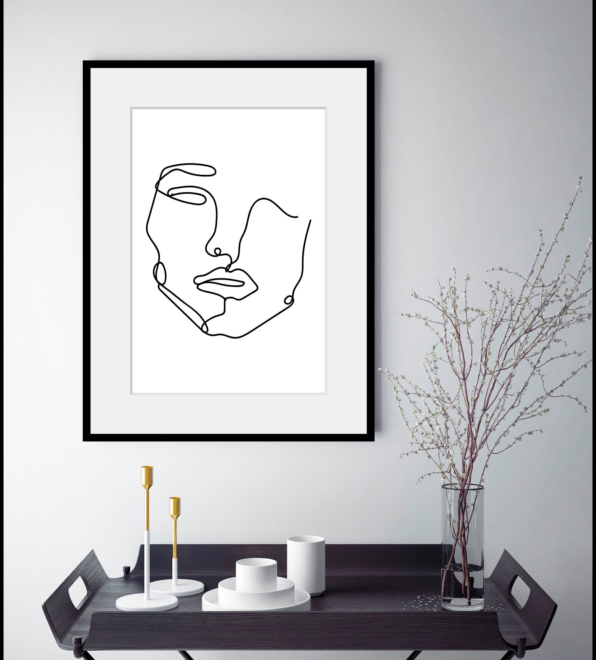 queence Bild Sandy, Frau, Gesicht, Kunst, Schwarz-Weiß (1 St), HD Premium Poster-Druck inkl. Holzrahmen