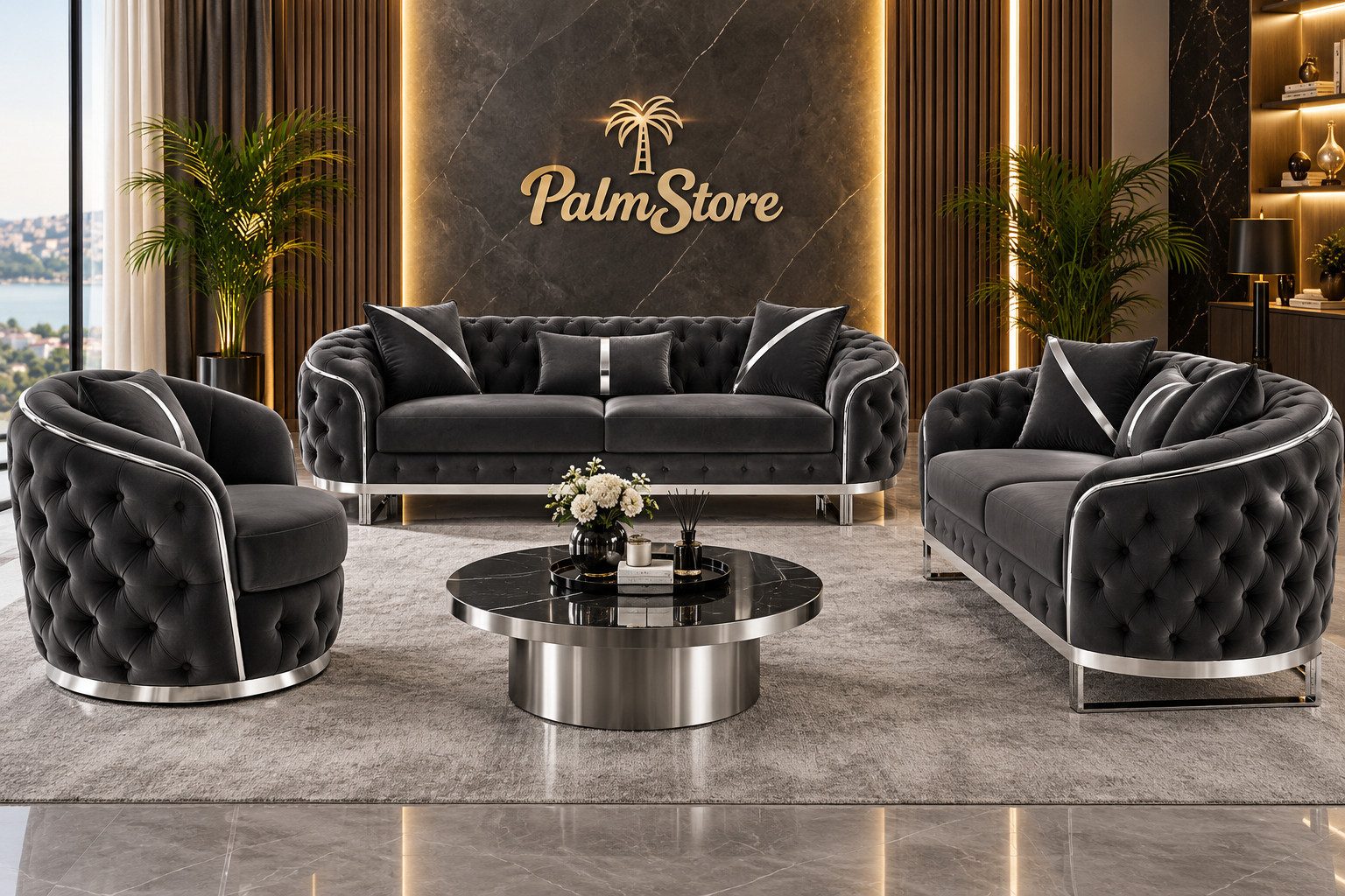 Palms-Store Sofa -Set MIRA mit Knopfheftung in 9 edlen Farbvarianten, Spar-Set, 3-Sitzer + 3-Sitzer + Sessel