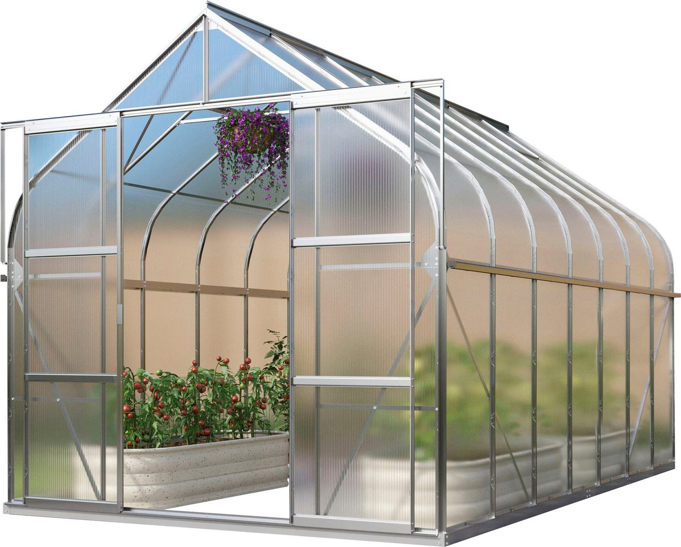 Vitavia Gewächshaus Dione 11500, BxTxH: 263,5 x 445 x 254,5 cm, 4 mm Wandstärke, Alu-Profile, Stahlfundamentrahmen, 4 mm Hohlkammerplatten silberfarben Vitavia Gewächshaus Dione 11500, BxTxH: 263,5 x 445 x 254,5 cm, 4 mm Wandstärke, Alu-Profile, Stahlfundamentrahmen, 4 mm Hohlkammerplatten silberfarben