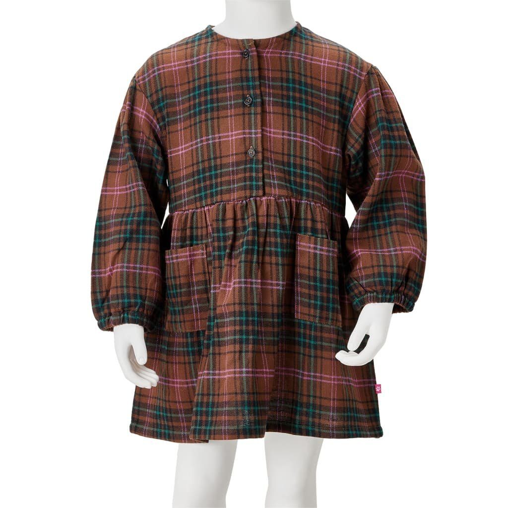 vidaXL A-Linien-Kleid Cognac Ärmeln Langen mit Karomuster 128 Kinderkleid