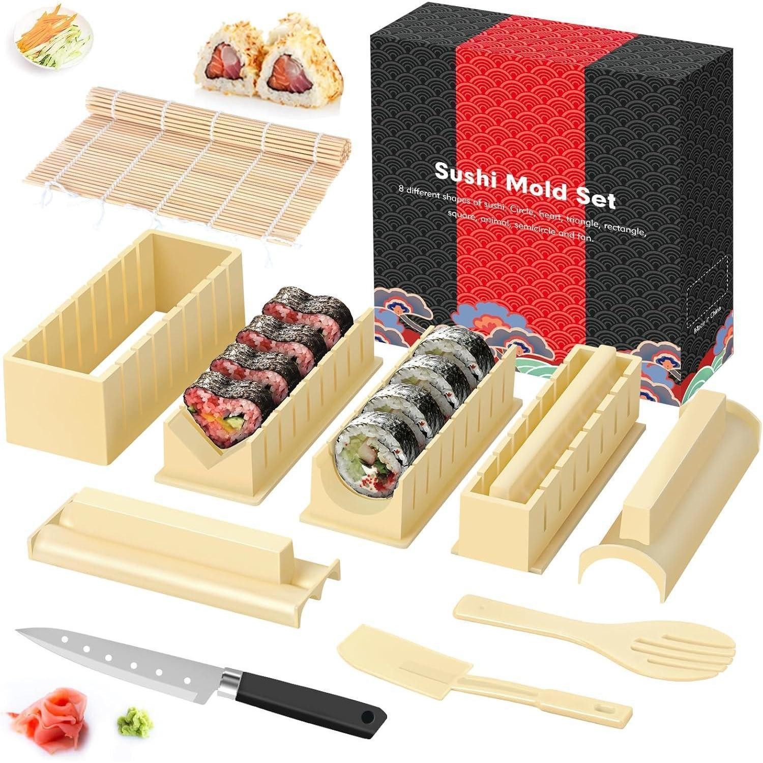 LuxusKollektion Sushi-Roller Sushi Maker Set 12 Artikel Messer Matte Sushiteller Beige