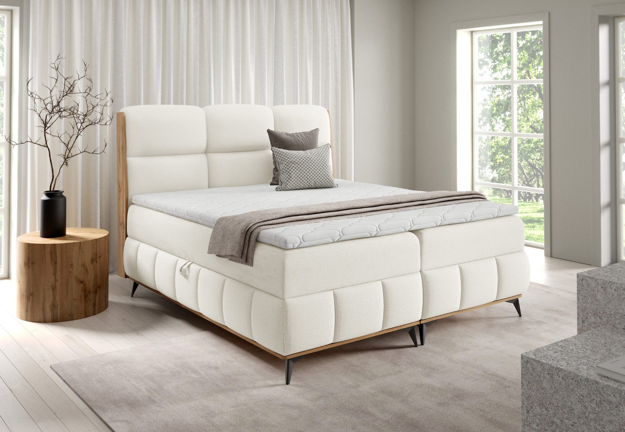 Home Collective Boxspringbett Polsterbett Doppelbett Bett mit Stauraum und Topper (Verfügbare Größen:120x200, 140x200, 160x200, 180x200, 200x200 cm), komfortable Liegehöhe edles Design mit Holzdetails Weiß
