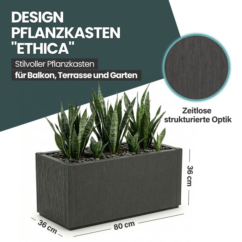 Kreher Pflanzkübel 'Ethica' aus Kunststoff, 80 x 36 x 36 cm, Strukturiert, Anthrazit (1 St)