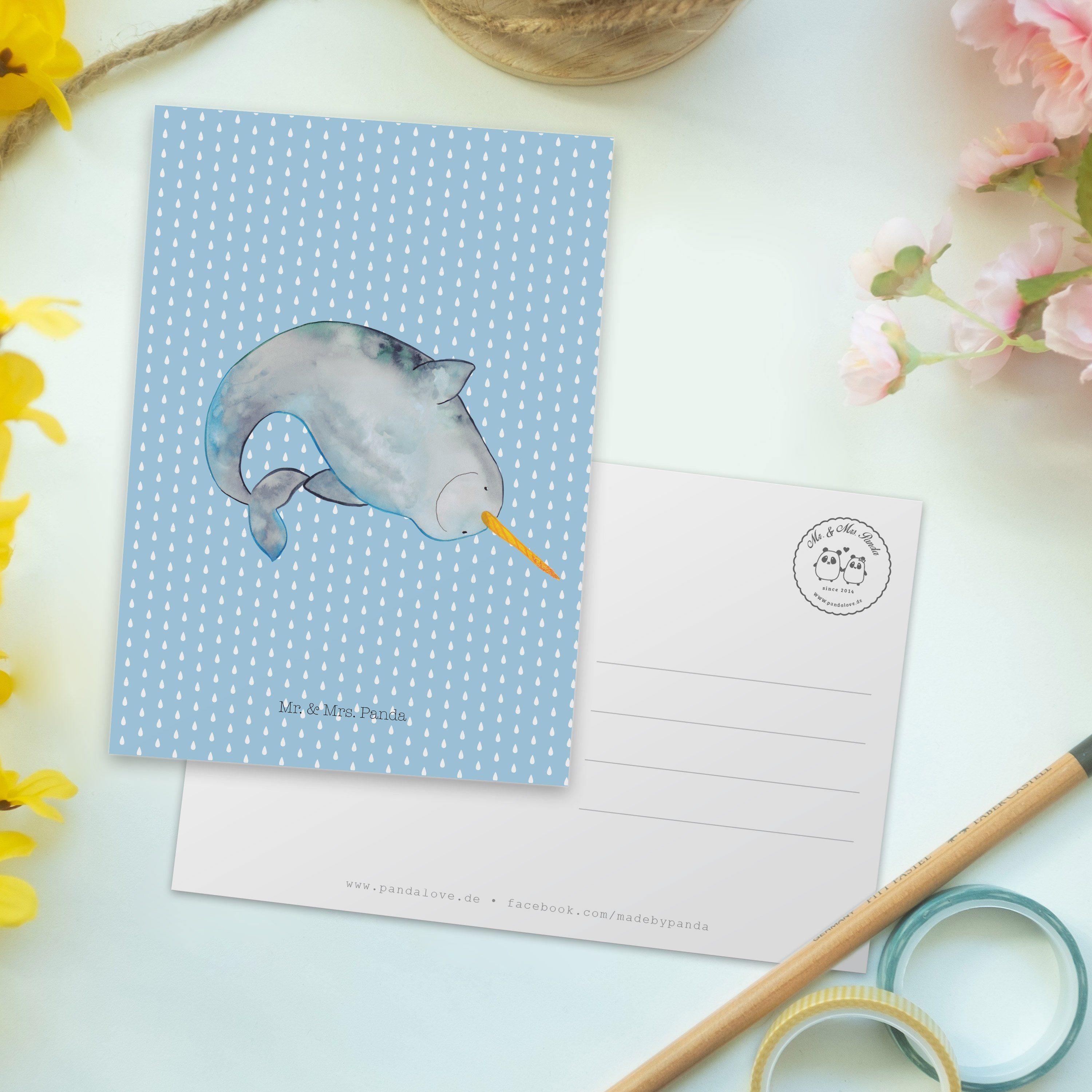 Mr. & Mrs. Panda Postkarte Narwal - Blau Pastell - Geschenk, Einladung, Ansichtskarte, Grußkarte