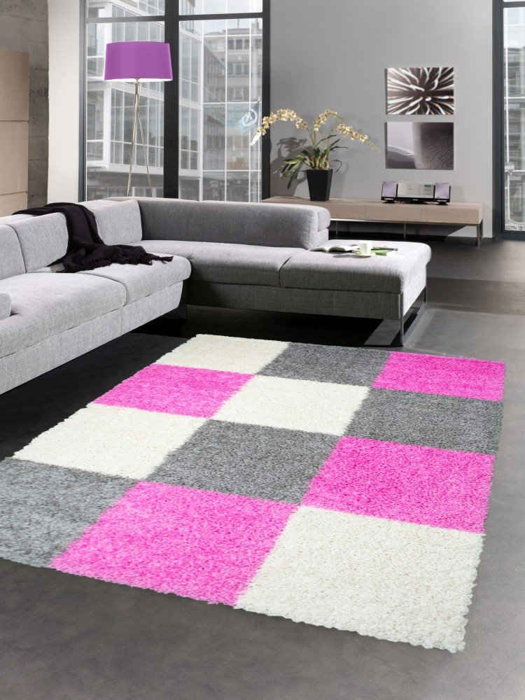 Hochflor-Teppich Shaggy Teppich Hochflor Langflor Bettvorleger Wohnzimmer Teppich Läufer Karo pink rosa grau creme, Carpetia, rechteckig, Höhe: 30 mm