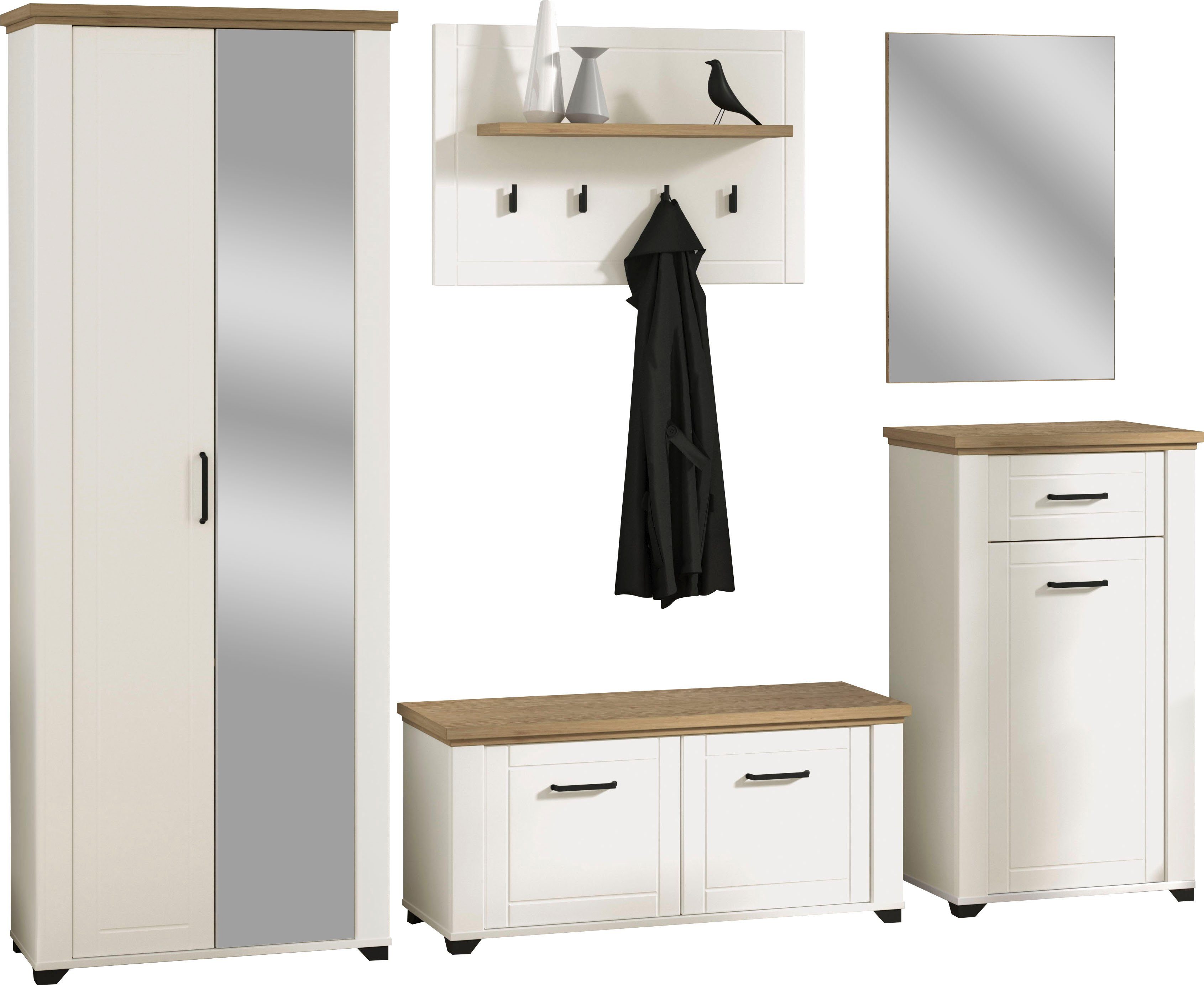 Home affaire Garderoben-Set Valencia 5-teiliges Set mit Spiegel und Kleiderhaken, (Set, 5-St., Garderobenschrank, Schuhkommode, Schuhbank, Garderobenpaneel, Spi – Bild 2 von 4