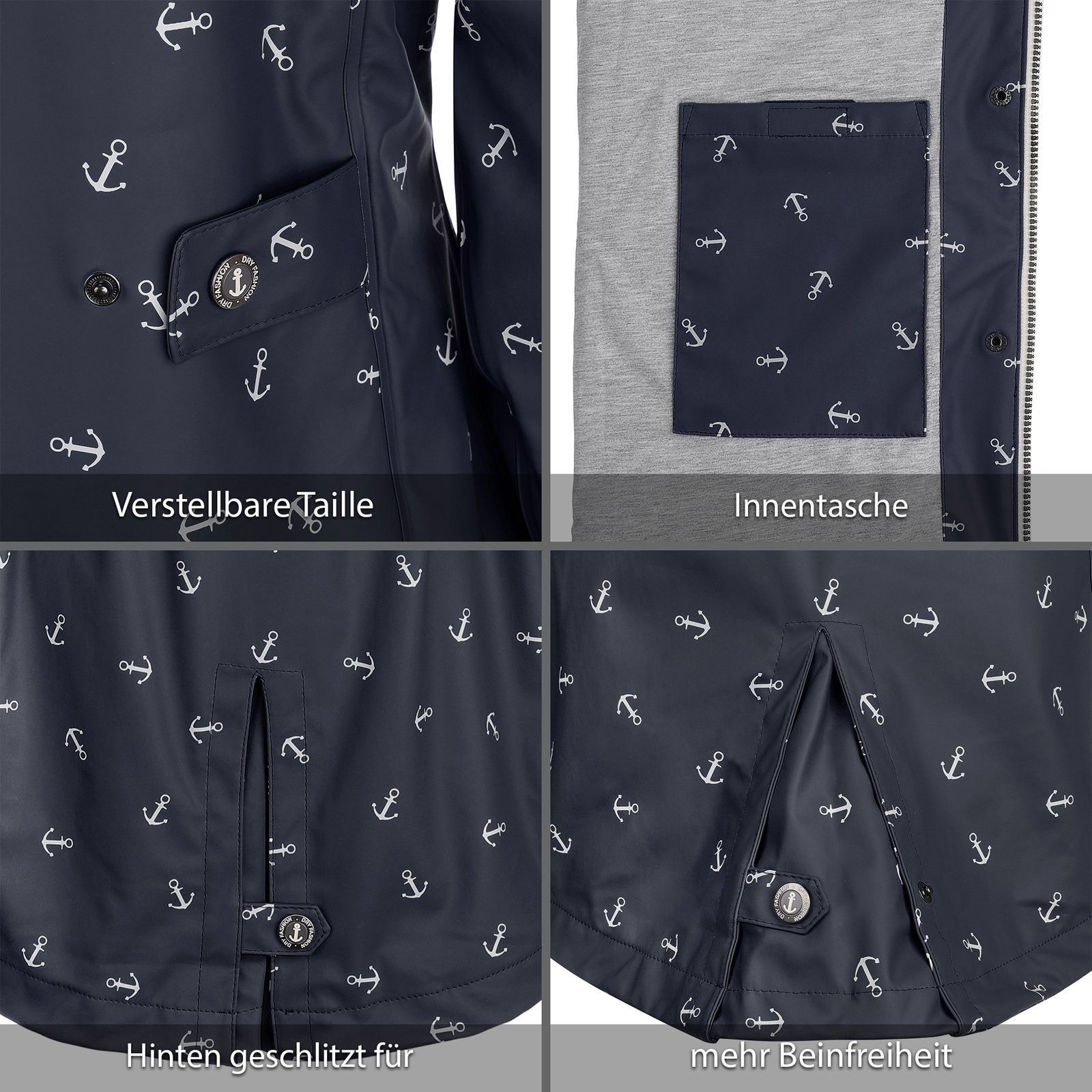 Dry Fashion Regenjacke Cuxhaven Damen Regenmantel Cuxhaven Anker-Print - Jacke mit Kapuze wasserdicht