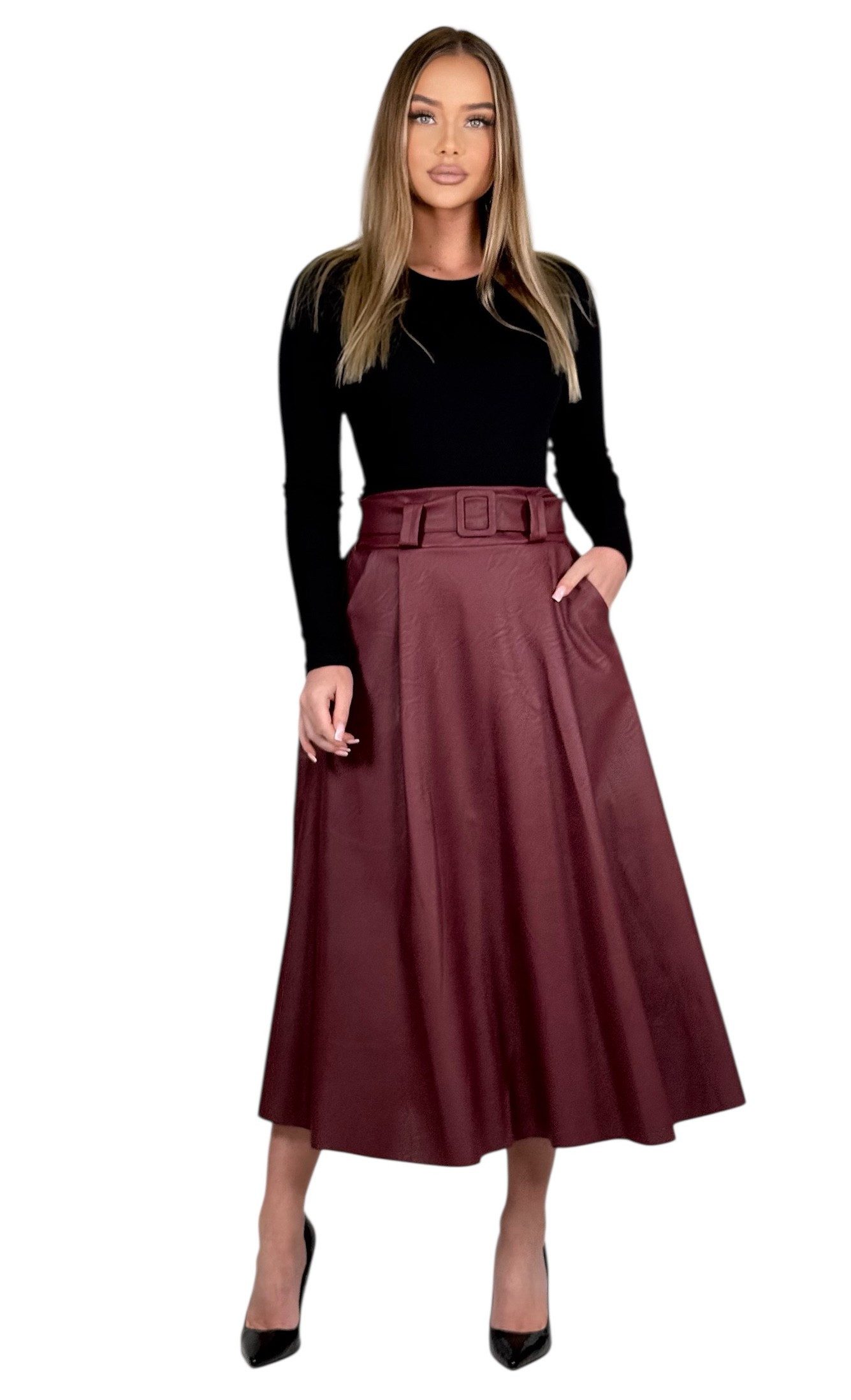 Mississhop Lederimitatrock Damen A-Linien Rock mit Gürtel – Kunstleder M.401