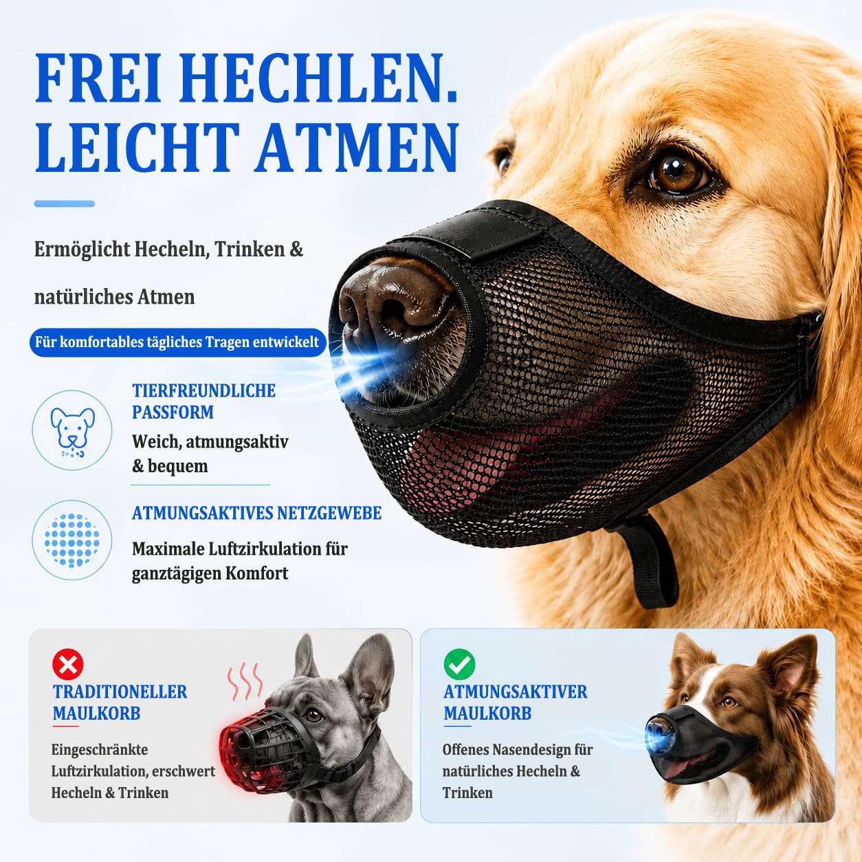 Ledander Maulkorb Atmungsaktiver Hundemaulkorb, weicher Netz-Hundemaulkorb, Maulkorb für große Hunde, Beißschutz, Leckschutz