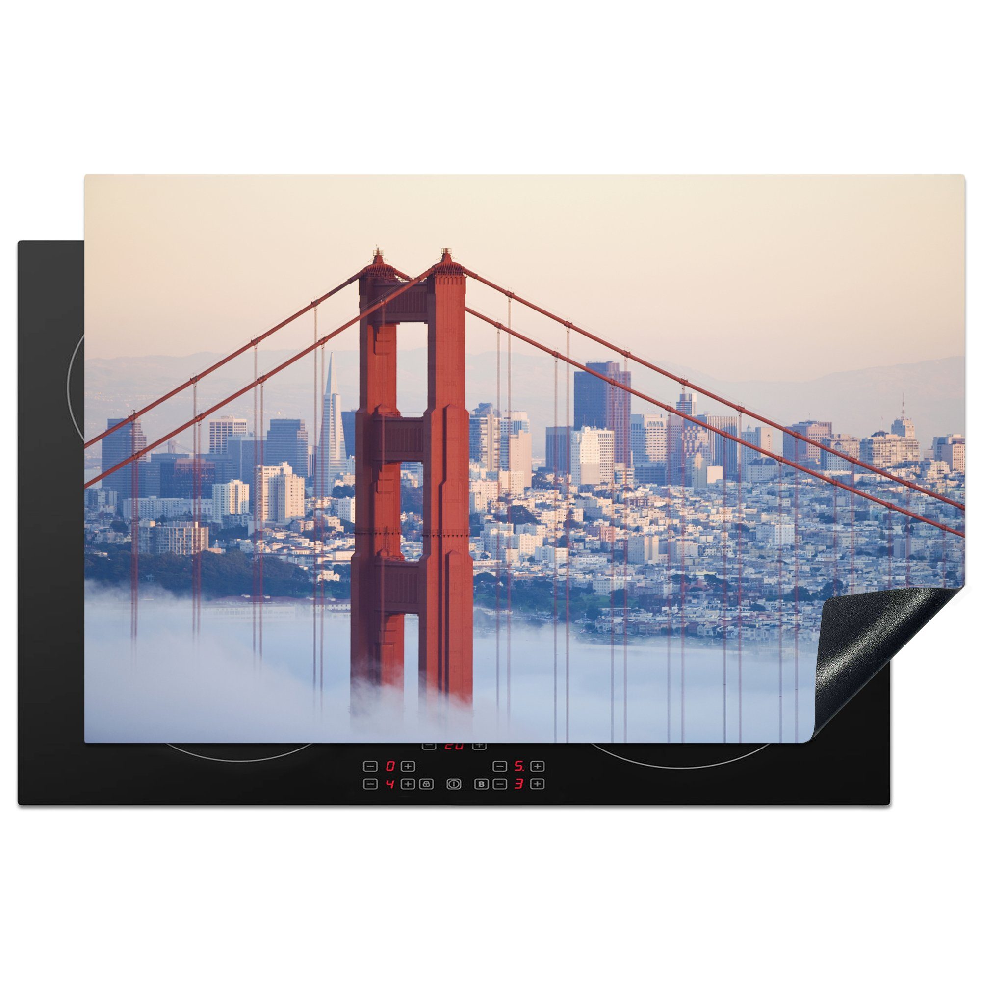 MuchoWow Herdblende-/Abdeckplatte Nebel um die Golden Gate Bridge und San Francisco, Vinyl, (1 tlg), 81x52 cm, Induktionskochfeld Schutz für die küche, Ceranfeldabdeckung