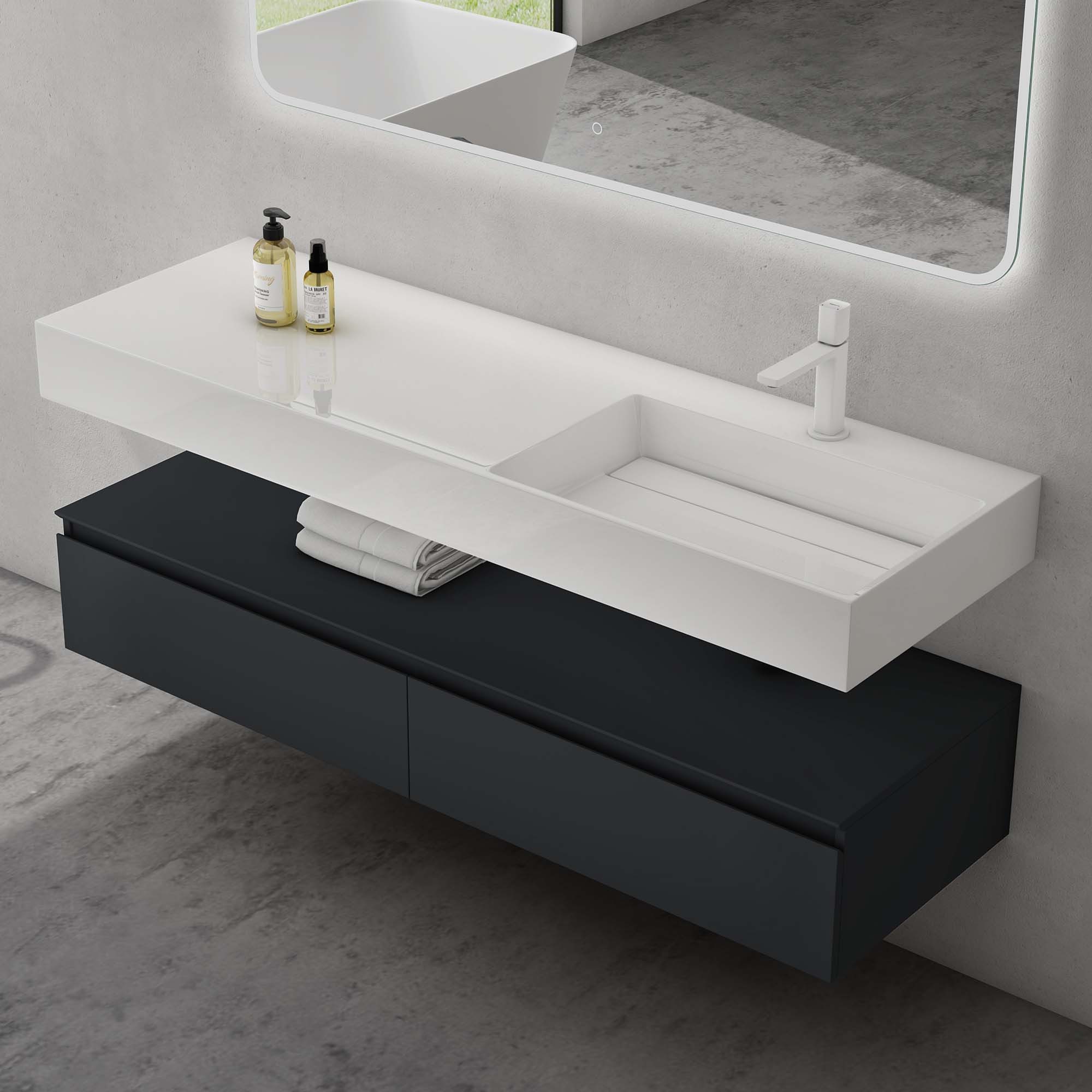 doporro Badmöbel-Set Waschtisch mit Unterschrank 150cm Mineraglguss Waschbecken UP