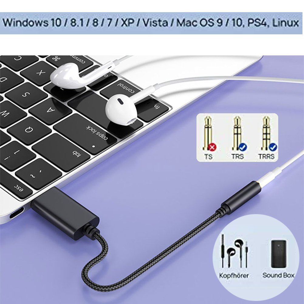 Bolwins L05 USB zu 3,5mm Audio Adapter Kabel f Kopfhörer Lautsprecher Mikrofon Audio-Kabel, USB Typ-A Stecker, 3,5 mm Klinkenbuchse (TRRS / TRS, CTIA & OMTP) (12.5 cm), USB-Soundkarte, 3,5 mm TRRS/TRS Audioadapter