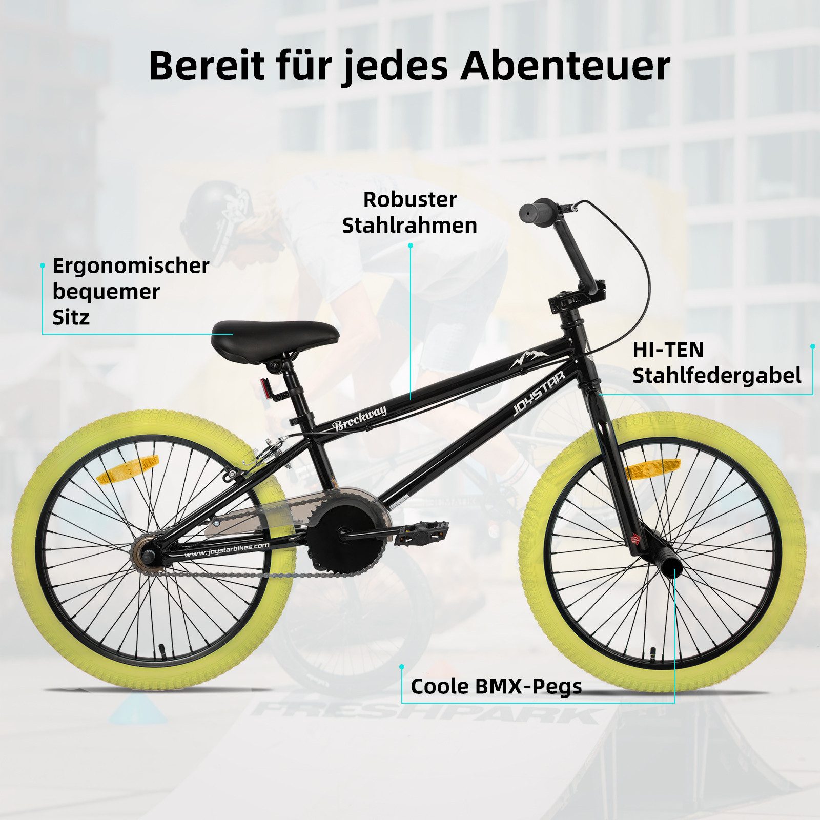 JOYSTAR Kinderfahrrad 20 Zoll BMX Fahrrad für Jungen Mädchen im Alter von 7-12 Jahren, Freestyle, Doppelbremsen, 2 pegs, Kettenschutz, Singlespeed
