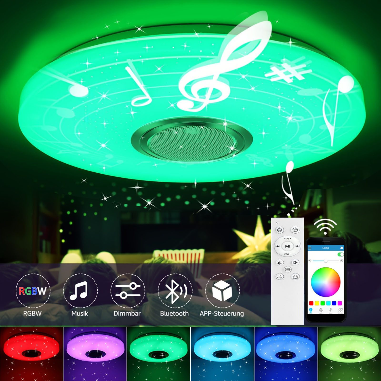 oyajia Deckenleuchte 50cm Musik LED Deckenlampe mit BT Lautsprecher, RGB Farbwechsel Lampe, LED fest integriert, RGB, Dimmbar mit Fernbedienung APP, für Schlafzimmer Wohnzimmer Bad Hotel
