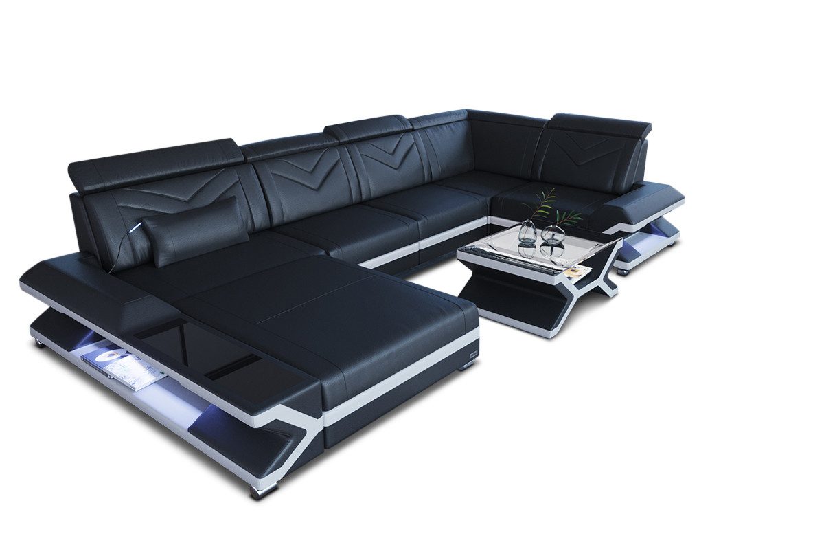 Sofa Dreams Wohnlandschaft Napoli U Form Mini Leder, Designersofa, 6-Sitzer, Ottomane, Leder, LED-Beleuchtung, viele Farben, Kopfstützen