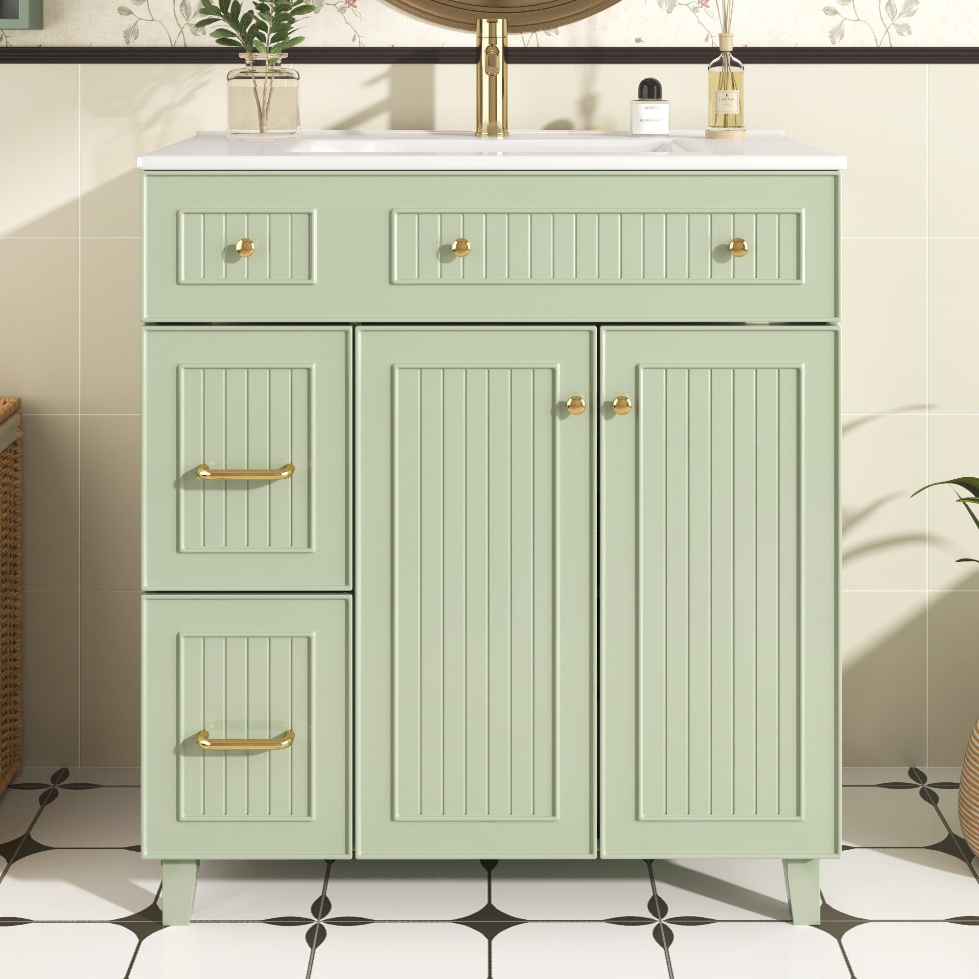 Flieks Waschtisch Waschbeckenunterschrank mit Waschbecken (B81,7/T46,8/H90 cm, 1-St., bodenstehend, Badschrank Volllackierung), Badmöbel mit Schubladen und Türe – Bild 4 von 5
