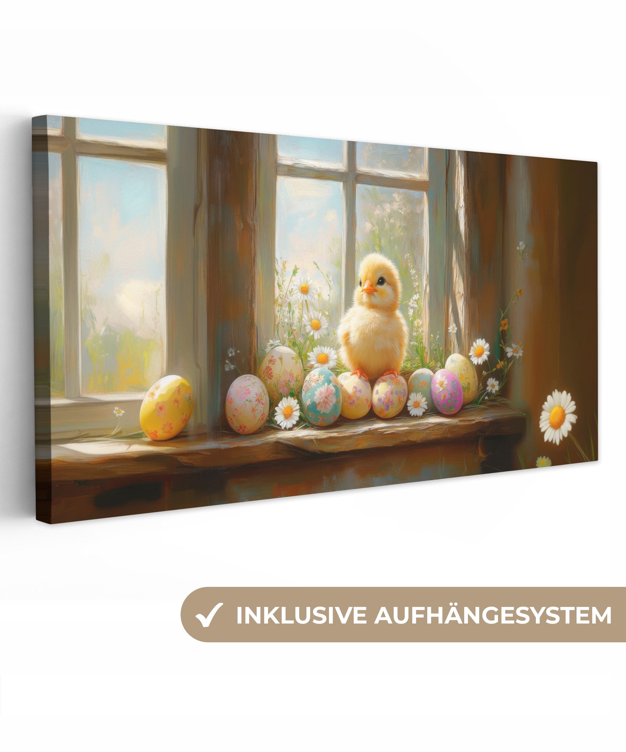 OneMillionCanvasses® Leinwandbild Panorama Küken - Fenster - Ostereier - Ostern Deko, Fotodruck (1 St), Wandbild, Deko Schlafzimmer Wohnzimmer Flur 40x20 cm