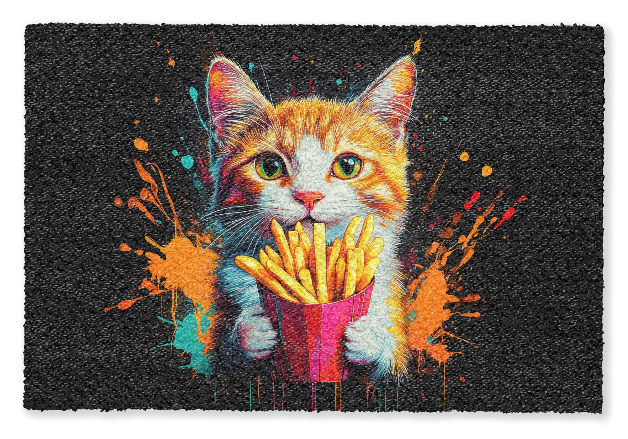 OnlyWow Teppich Katze - Essen - Pommes frites - Graffiti - Abstrakt, Rechteckig, Vorleger, Groß, Wohnzimmer, Modern 230x150 cm