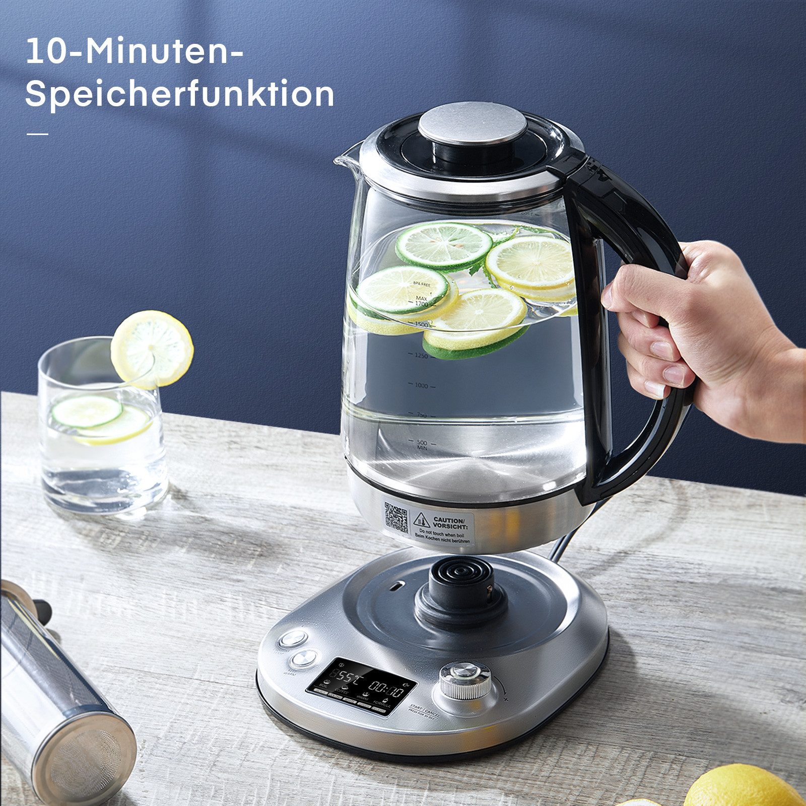 FOHERE Wasserkocher aus Glas und Edelstahl, mit Temperaturregler und Sockel, 1,7 l, 2200 W, 40 °C – 100 °C, 2 Stunden warmhalten – Bild 5 von 5