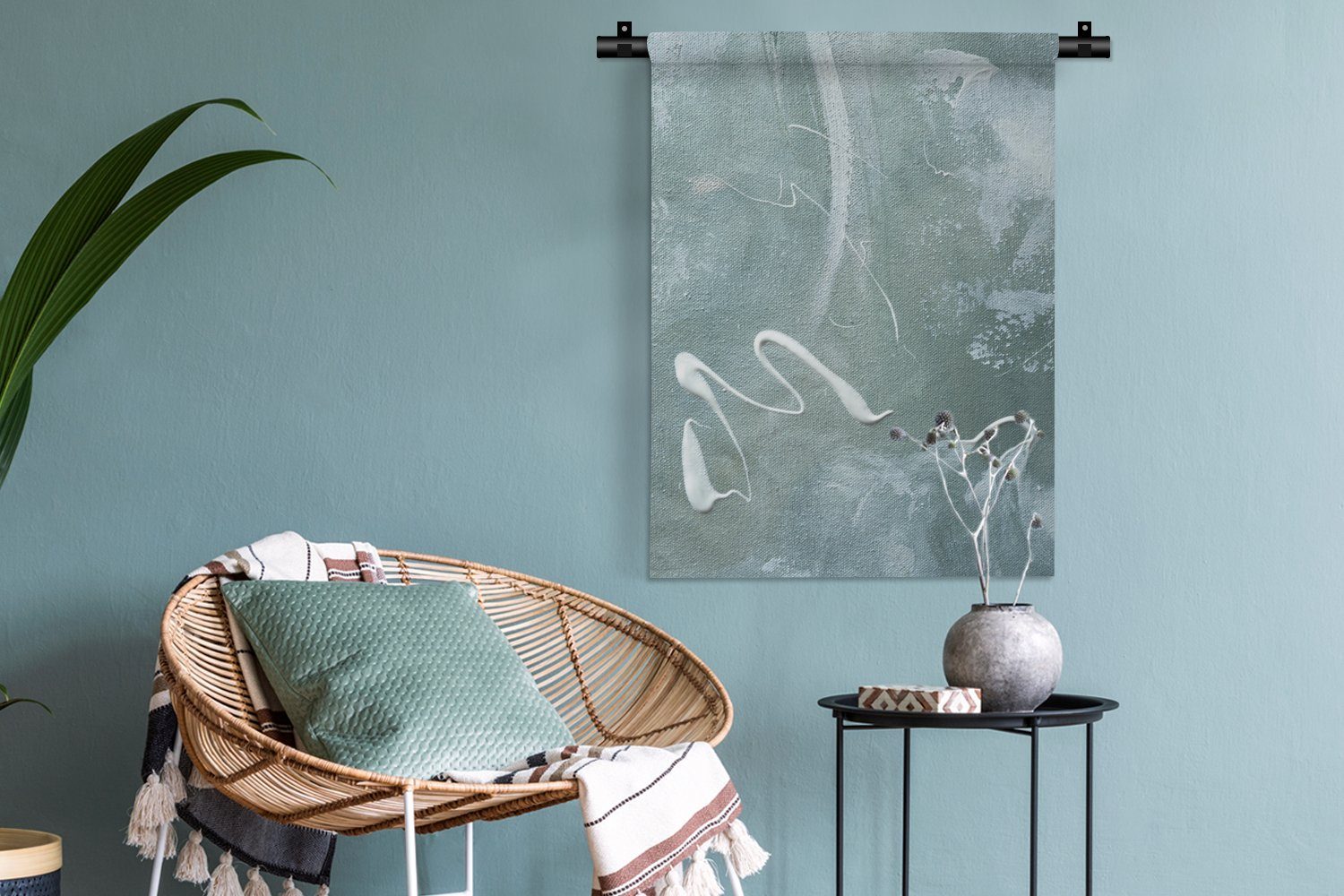 an Wand, MuchoWow Malerei, Grün - - der Weiß für Schlafzimmer Wohnzimmer, - Wanddekoobjekt Tapisserie, Deko Farbe