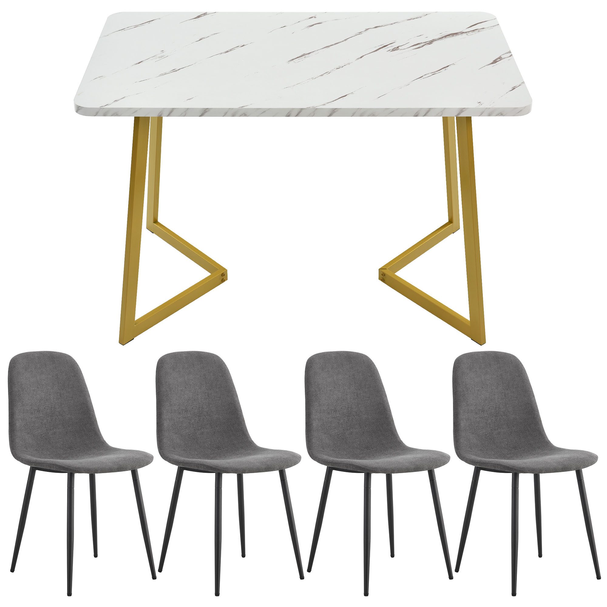 Essgruppe, (5-tlg., 117x68 cm Esstisch mit 4x Stühlen), Küchentisch Set, Leinen Esszimmerstuhl, Metallbeine