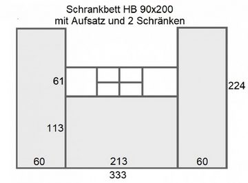 QMM TraumMöbel Schrankbett Wandbett HB 90x200 mit 2 Schränken & Aufsatz (Set) horizontal klappbar
